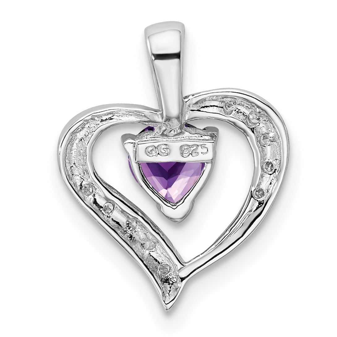 Sterling Silver Rhodium Plated Amethyst And Diamond Heart Pendant