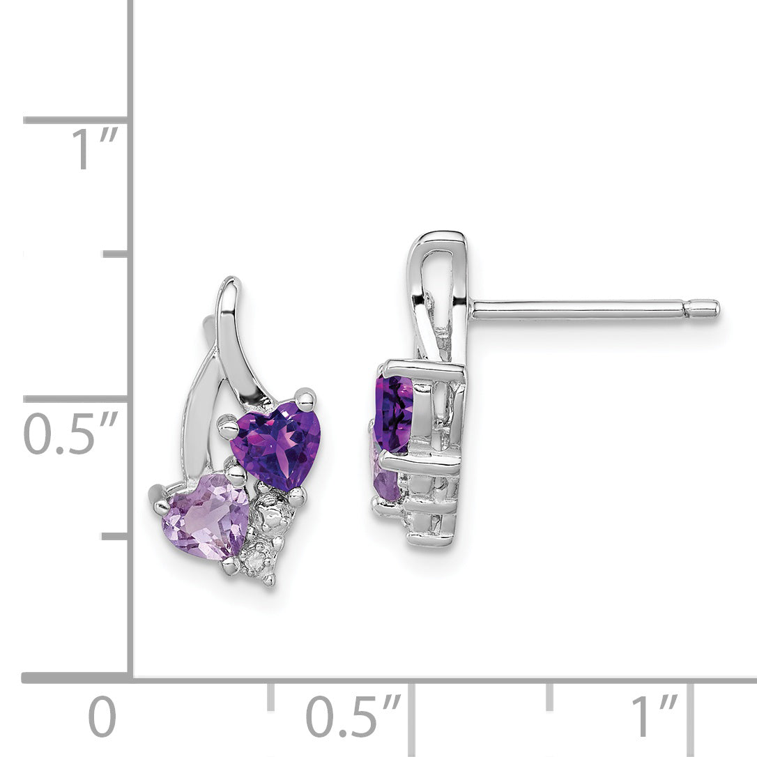 Sterling Silver Rh Plated Amethyst Pink Quartz And Diamond Earrings