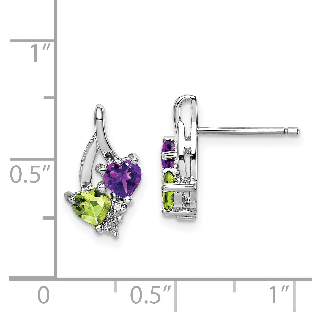 Sterling Silver Rhodium-Plated Amethyst Peridot Diamond Earrings