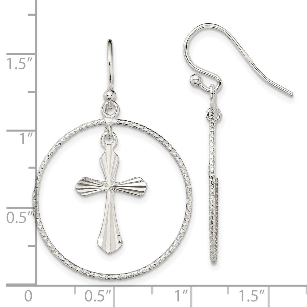 Sterling Silver Polished & Diamond-Cut Cross Circle Dangle Earrings