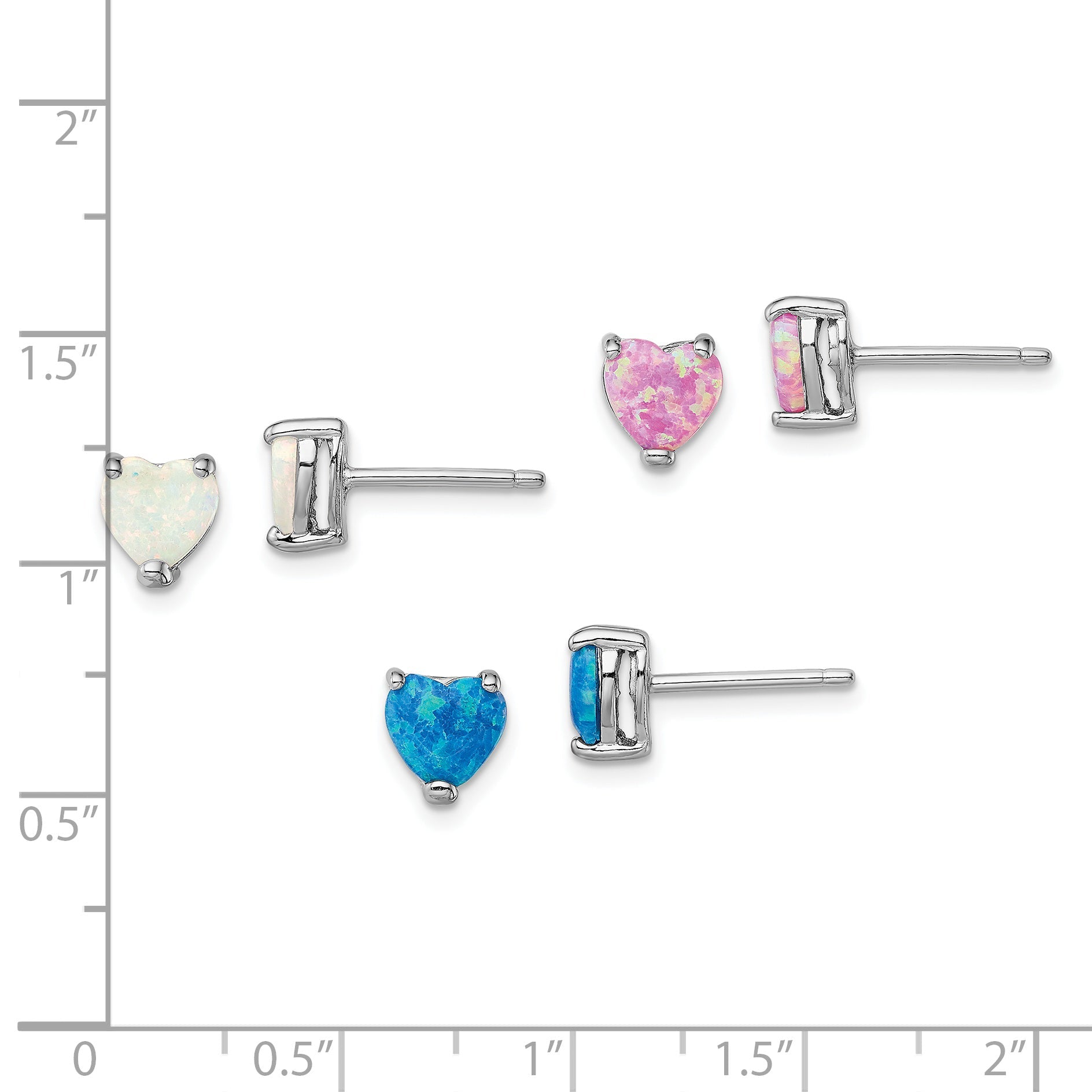 Sterling Silver Rhodium-Plated Created Opal Set Of 3 Heart Earrings