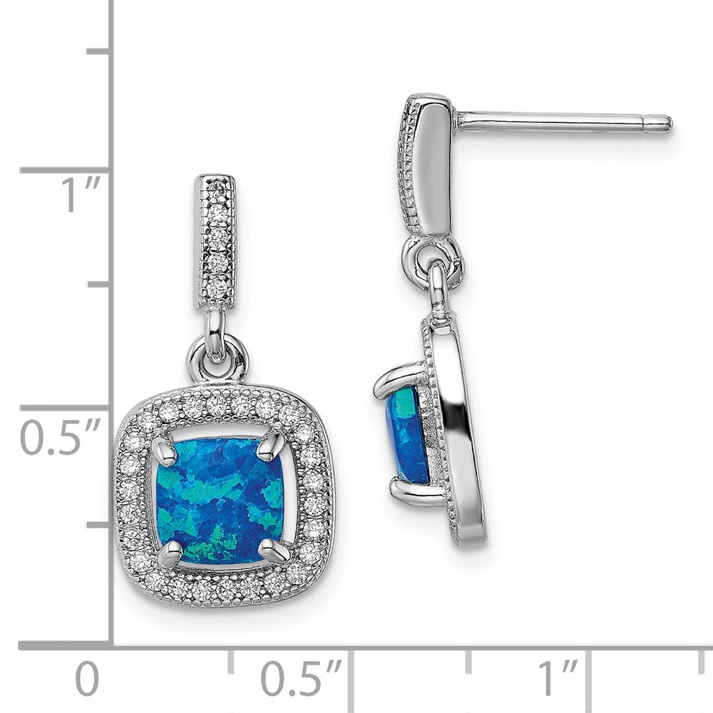 Sterling Silver Rhodium-Plated Blue Created Opal Cz Post Earrings