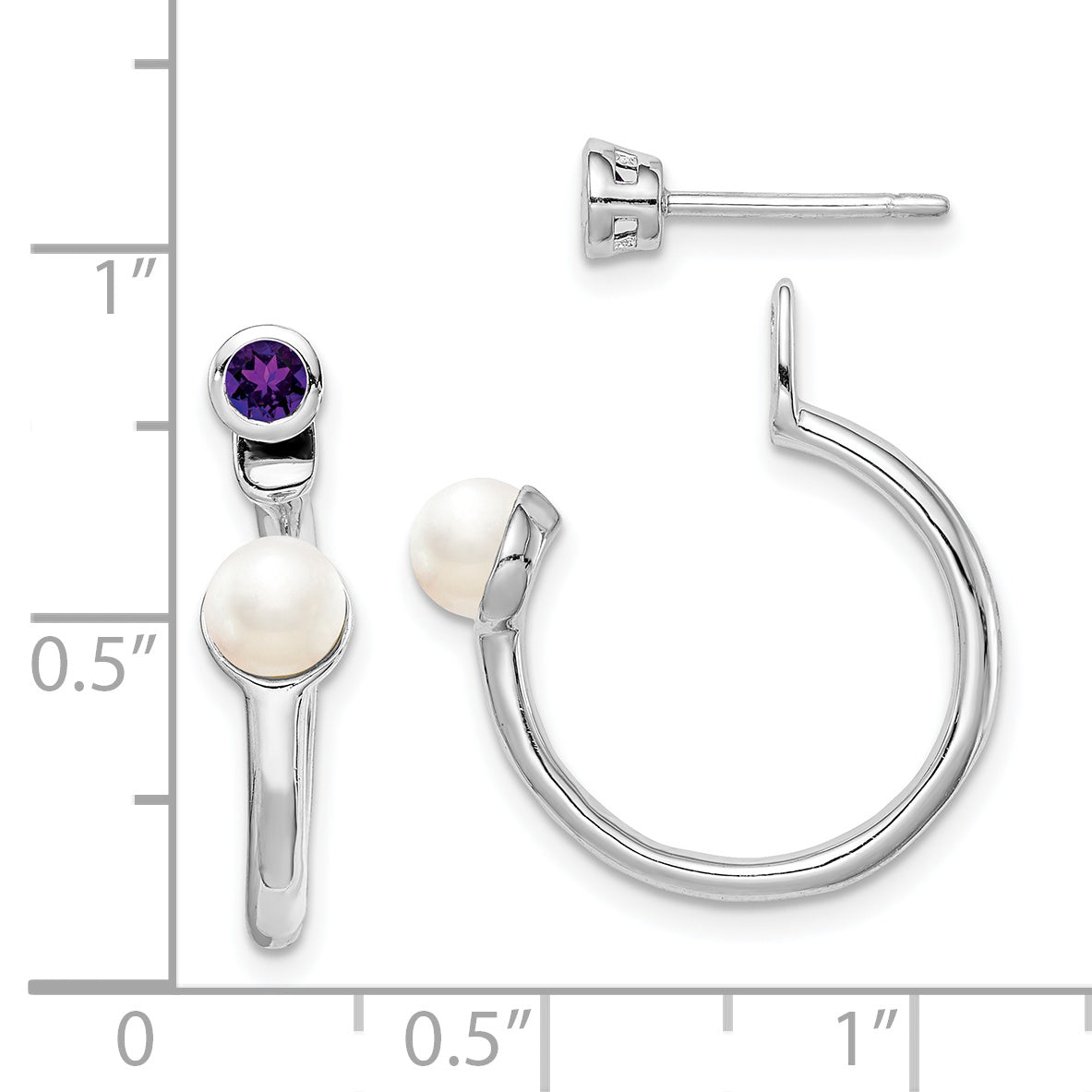 Sterling Silver Rhodium-Plate Fwc Pearl & Amethyst Front Back Earrings