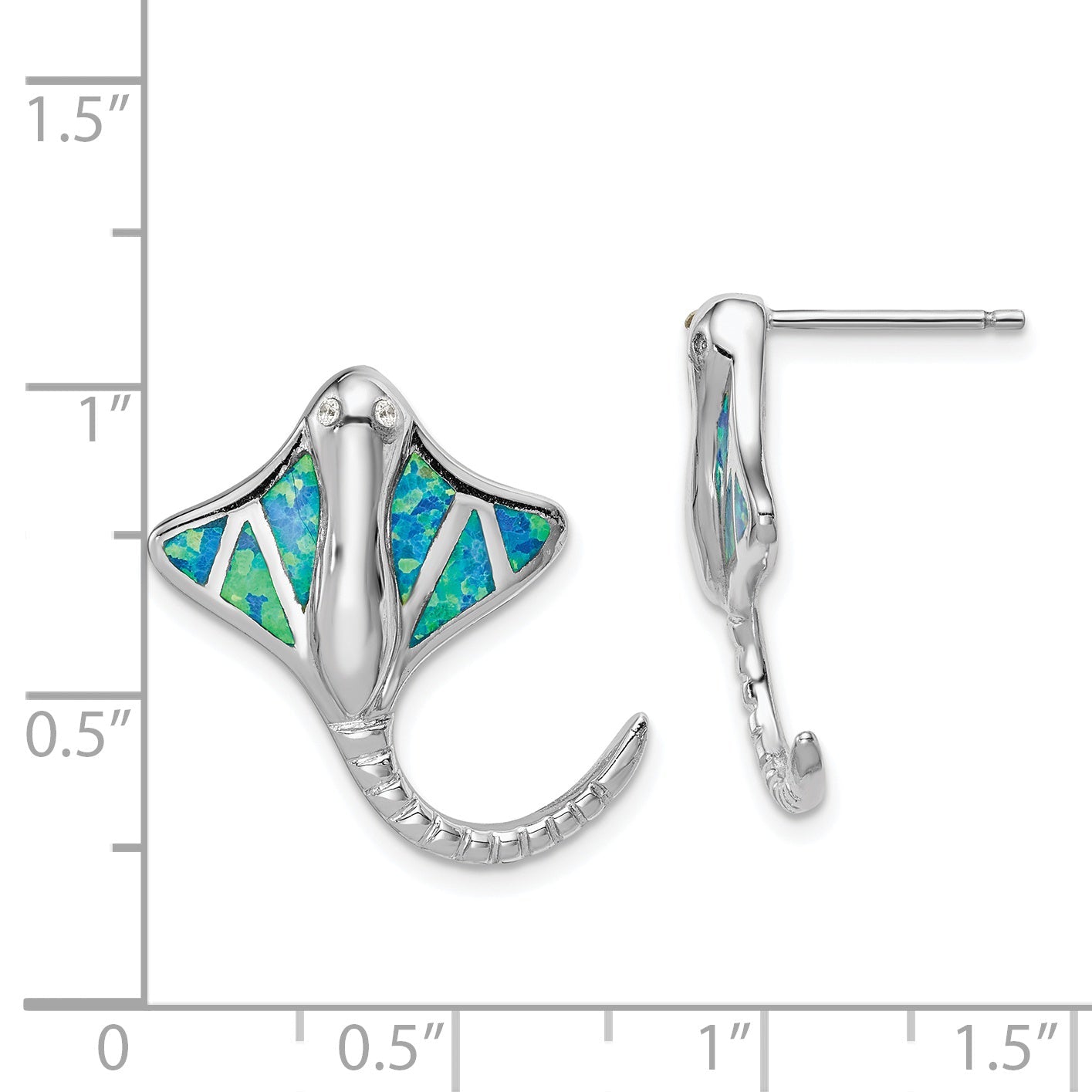 Sterling Silver Rhodium-Plated Created Blue Opal Stingray Post Earrings