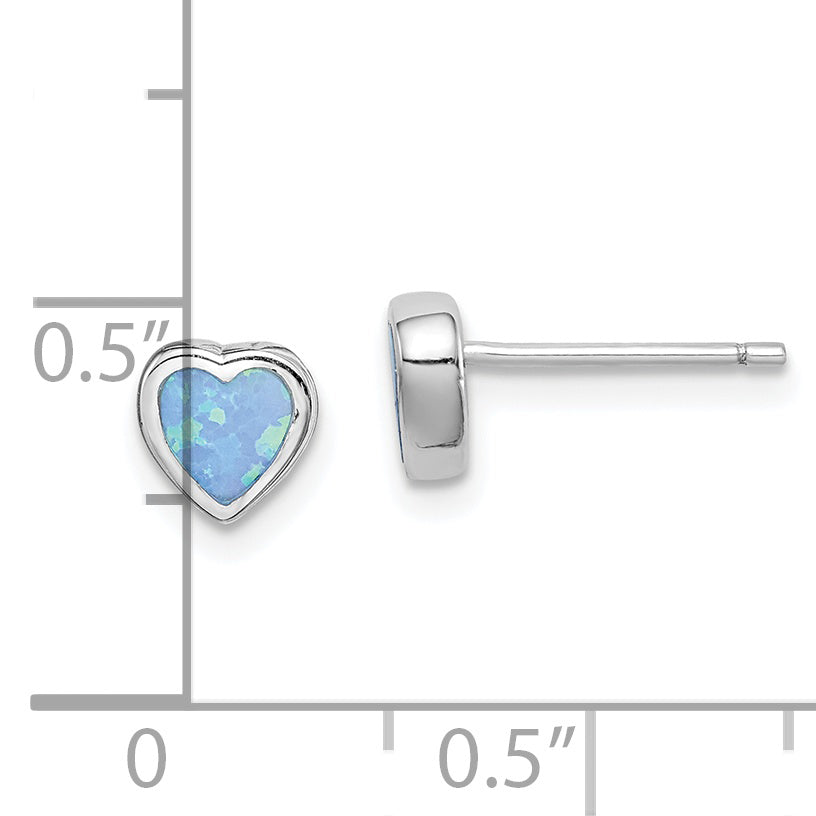 Sterling Silver Rhodium-Plated 6mm Blue Created Opal Heart Post Earrings