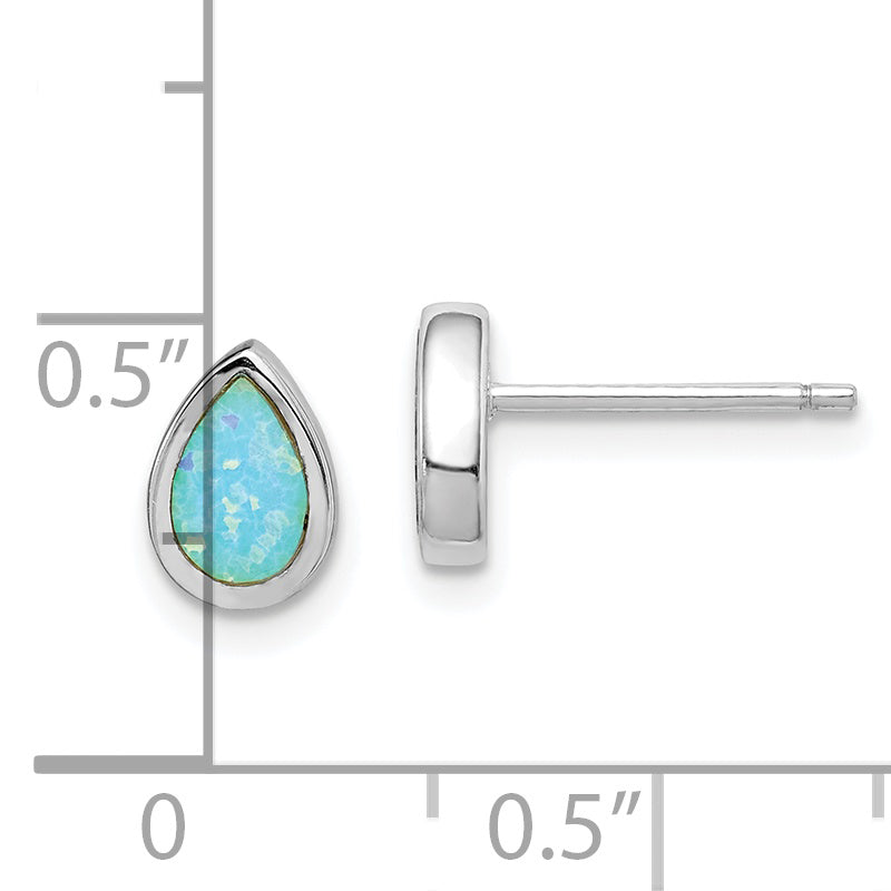 Sterling Silver Rh-Pltd Polished Blue Created Opal Teardrop Stud Earrings