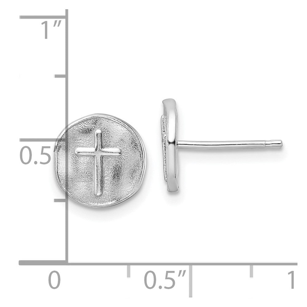 Sterling Silver Rhodium-Plated Cross In Satin Circle Post Earrings