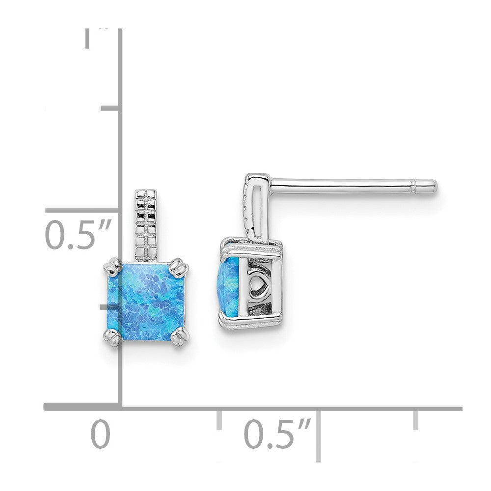 Sterling Silver Rhodium-Plated Square Blue Created Opal Post Earrings