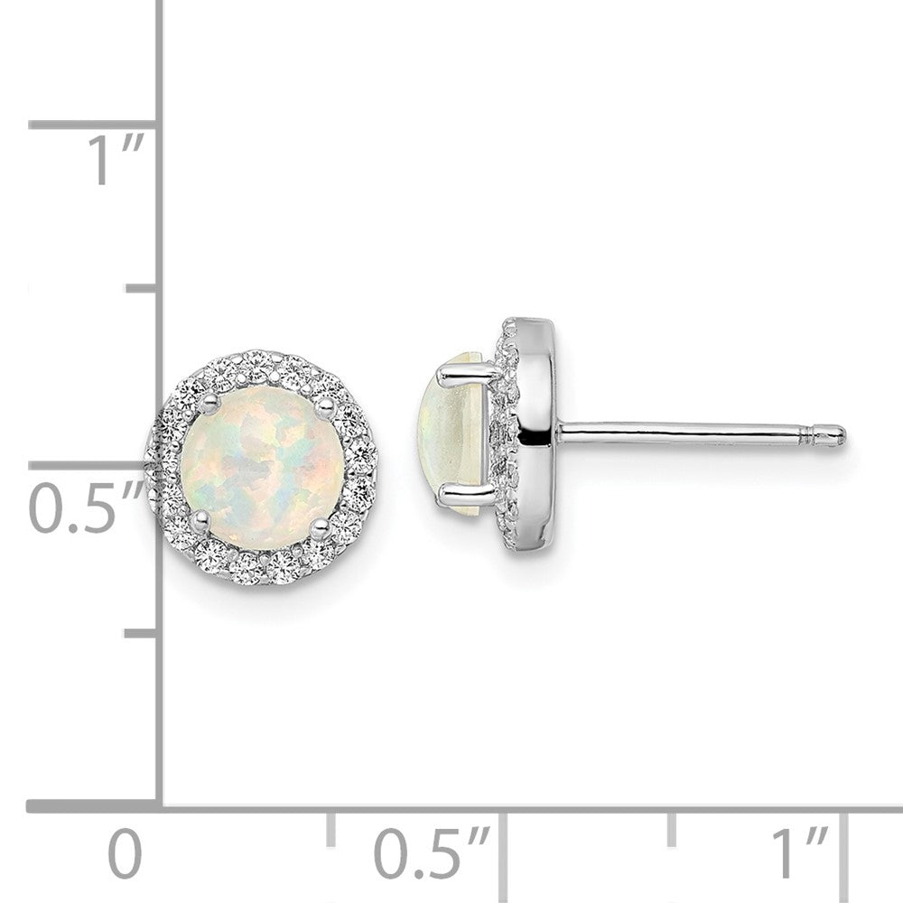Sterling Silver Rh-Pltd Polished Created Opal/Cz Round Halo Post Earrings