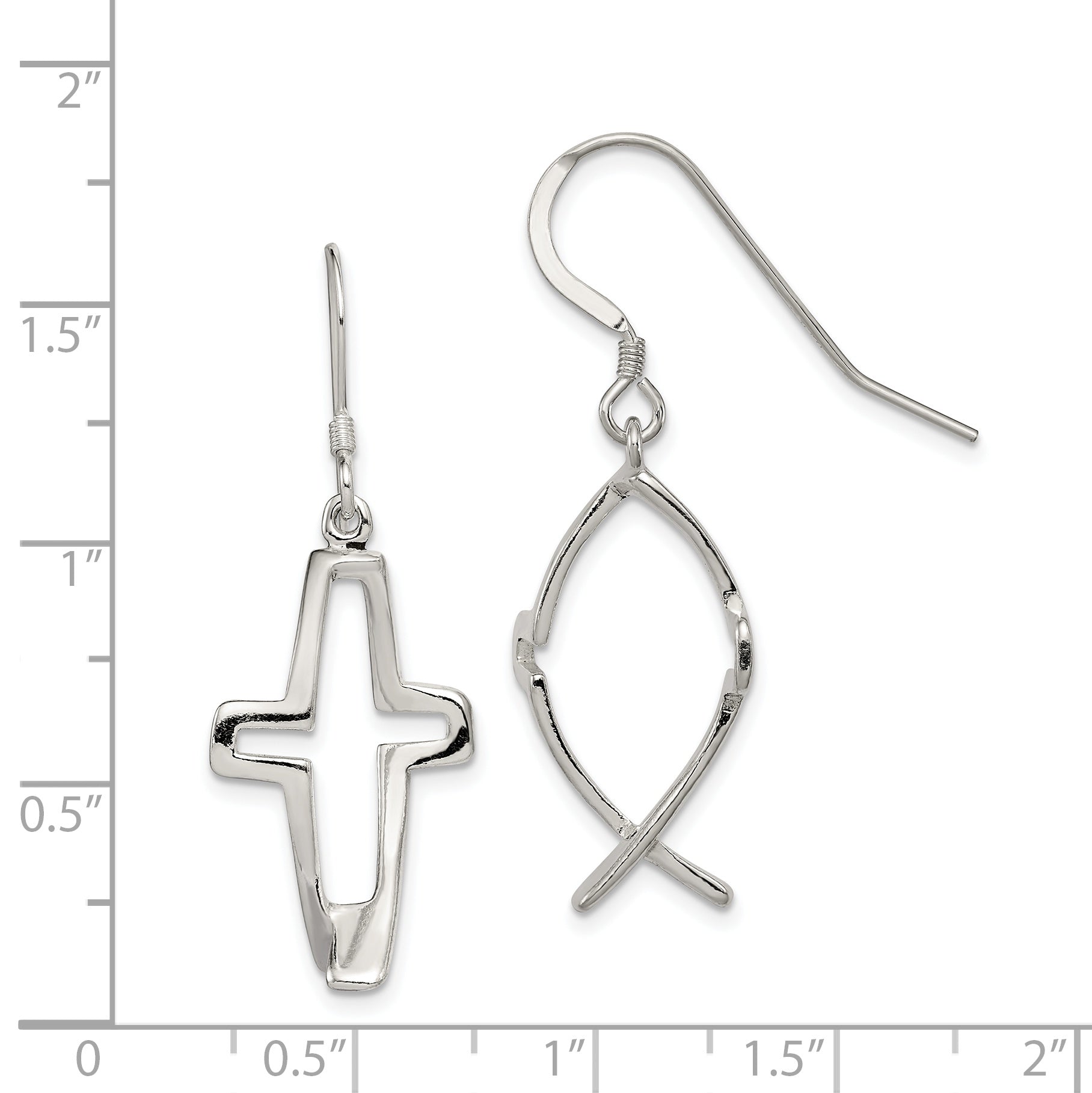 Sterling Silver Polished Cross Ichthus Dangle Earrings
