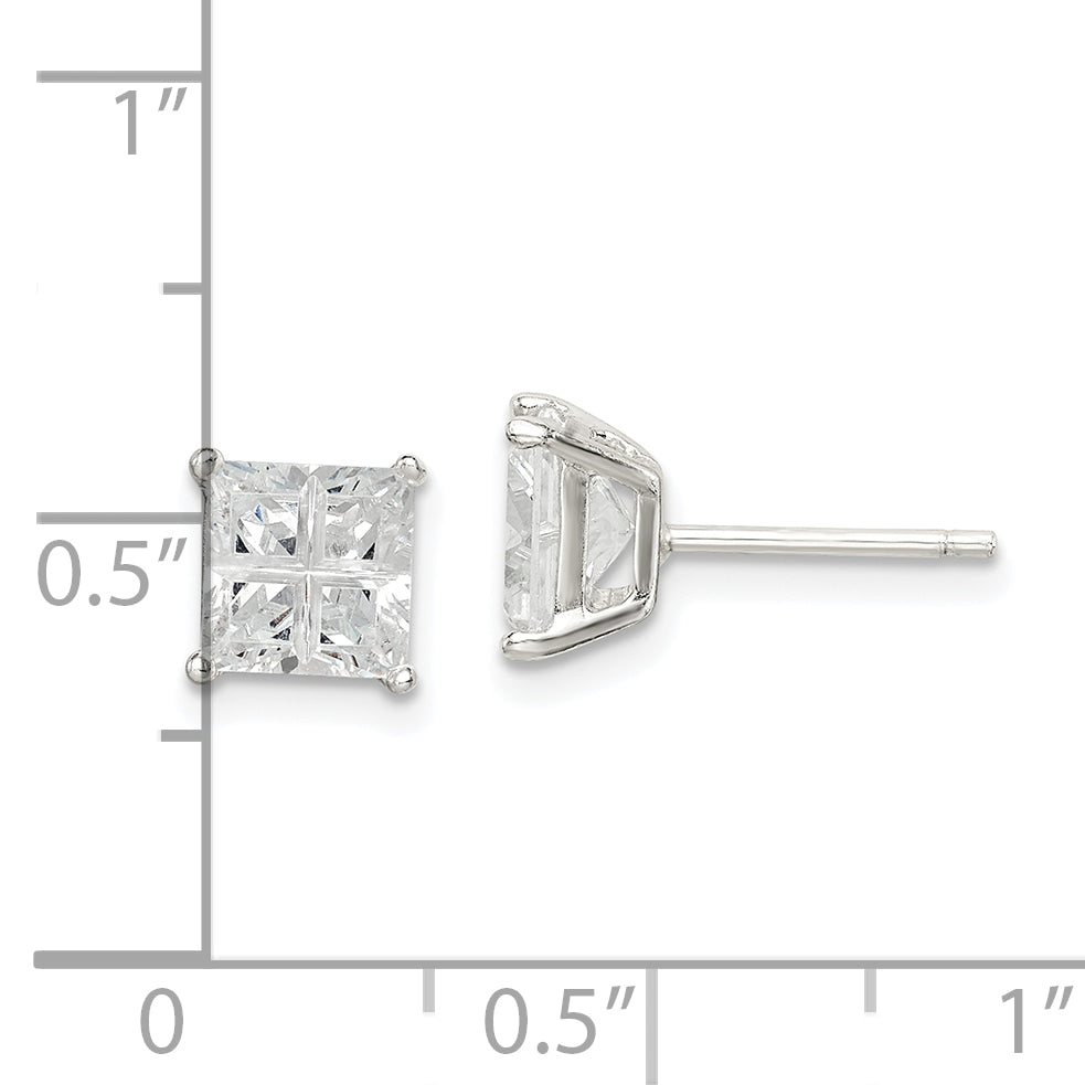 Sterling Silver 6mm Square Cross-Cut Cz Basket Set Stud Earrings