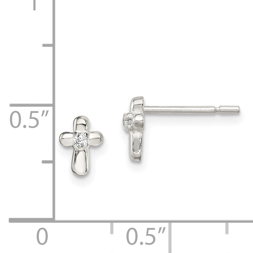 Sterling Silver Polished Cross With Cz Post Earrings