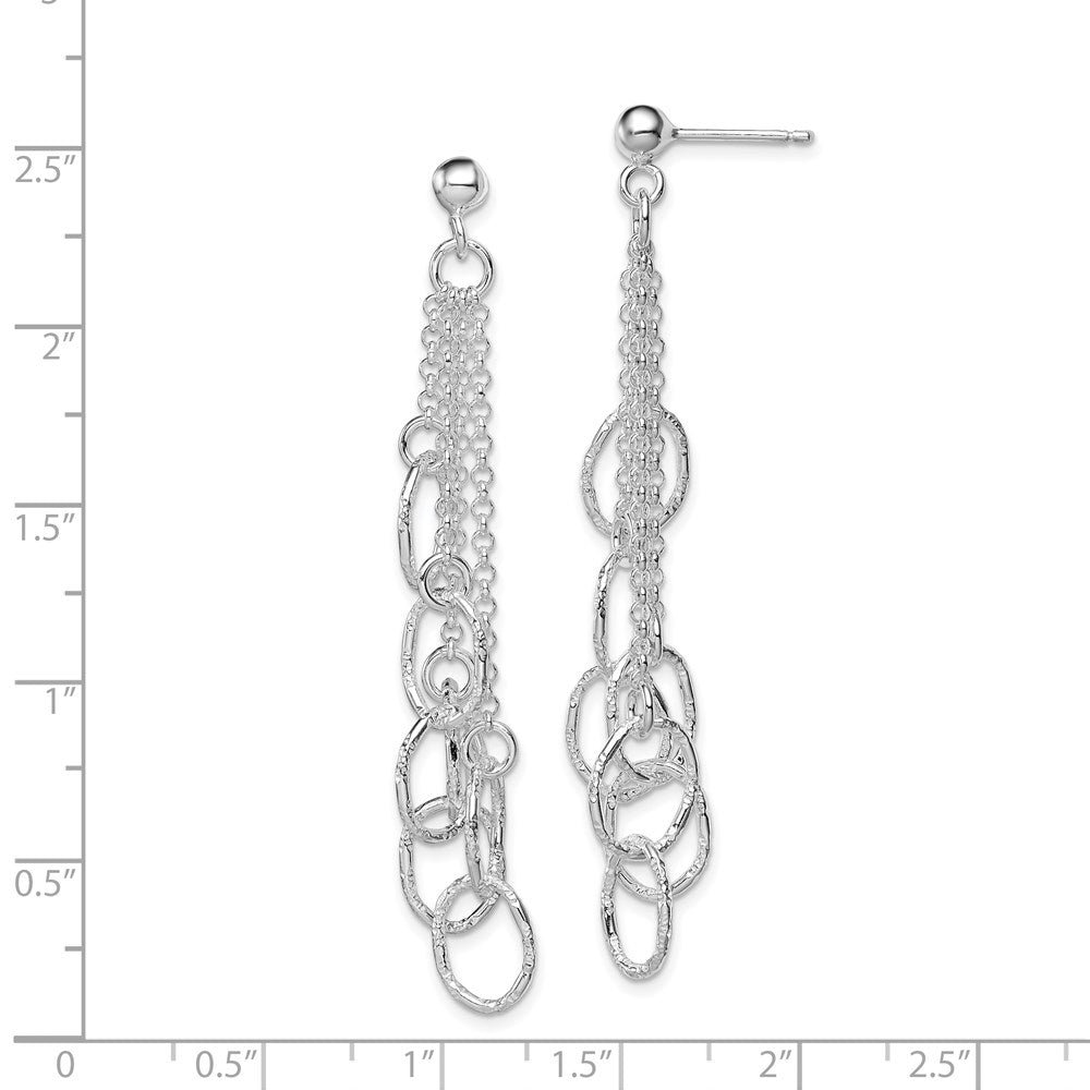 Sterling Silver Rh-Plated Polished Textured Oval & Chain Post Dangle Earrin