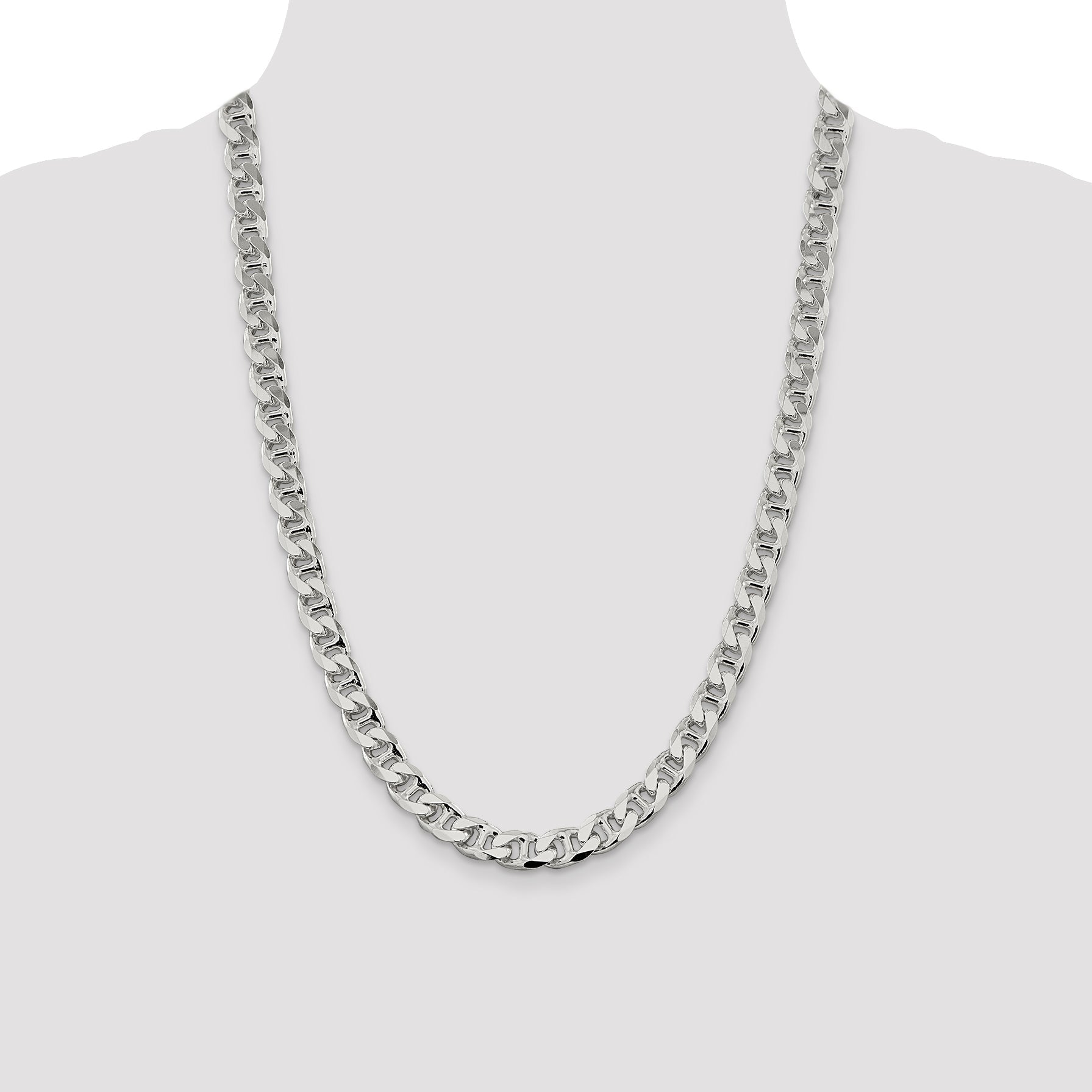 24 Inch Sterling Silver 9mm D/C Flat Anchor Curb Chain Necklace