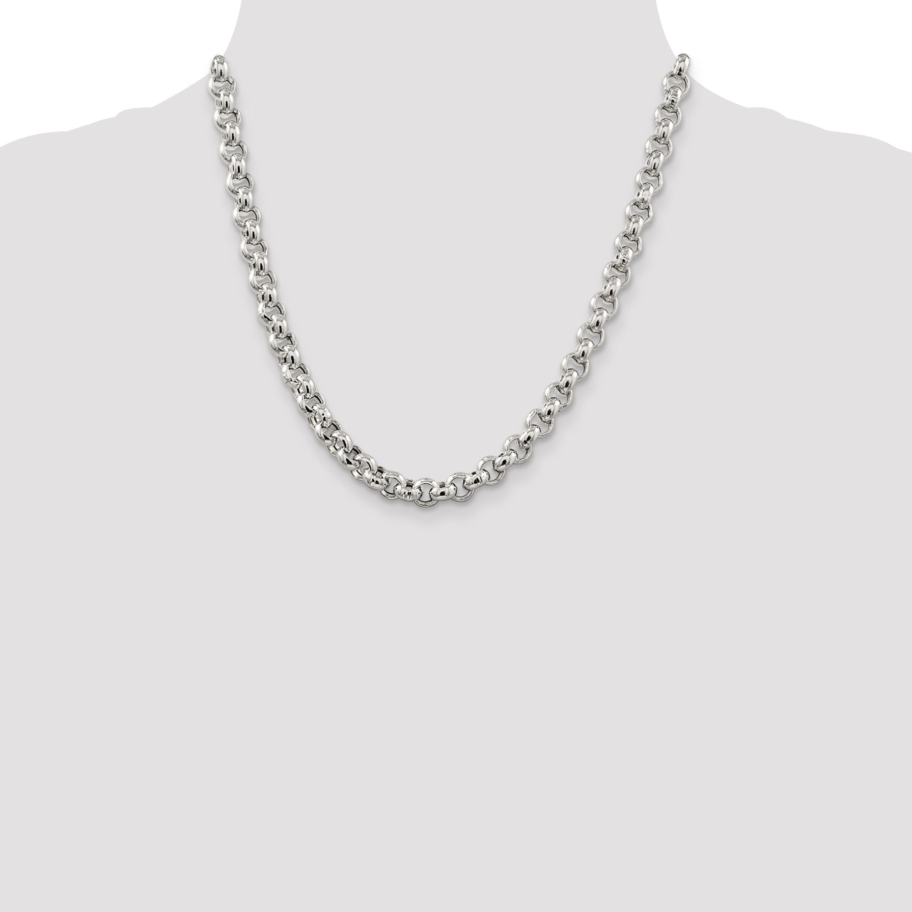20 Inch Sterling Silver 7.75mm Semi-Solid Rolo Chain Necklace