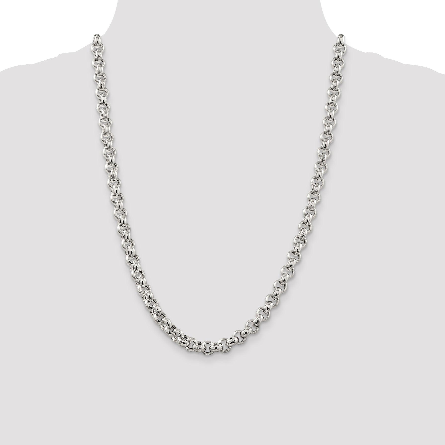 24 Inch Sterling Silver 7.75mm Semi-Solid Rolo Chain Necklace