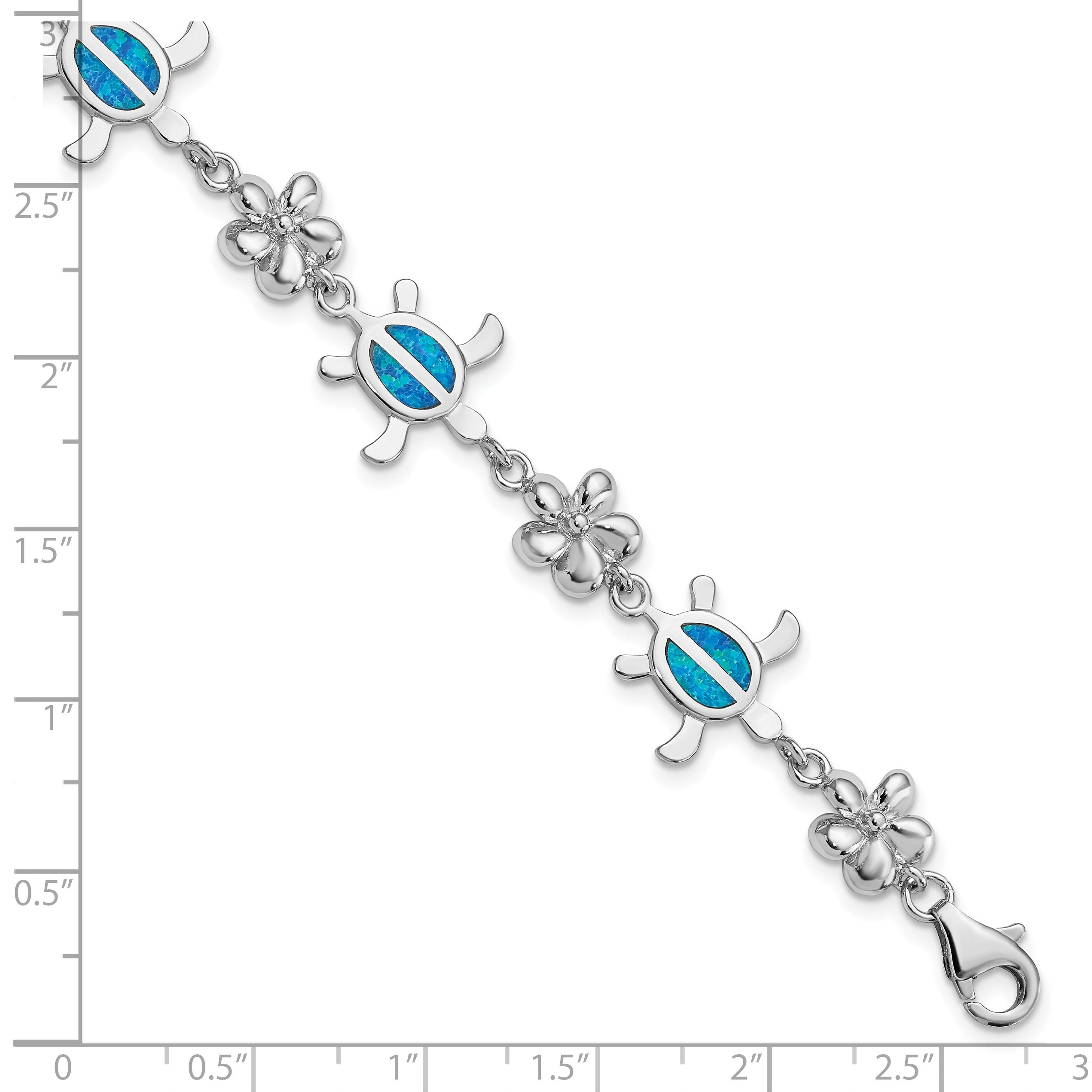 Sterling Silver Rhodium-Plated Polished 7 Inch Created Blue Opal Tortoise With Flower Bracelet