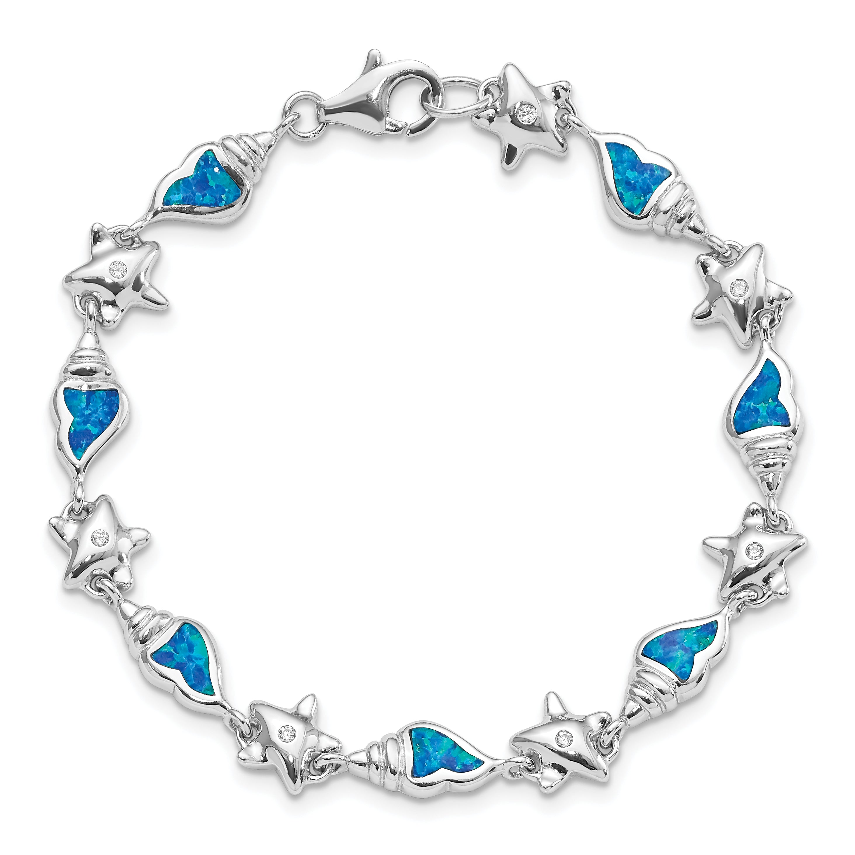 Sterling Silver Rhodium Starfish Cz And Created Opal Seashell 7.25 Inch Bracelet