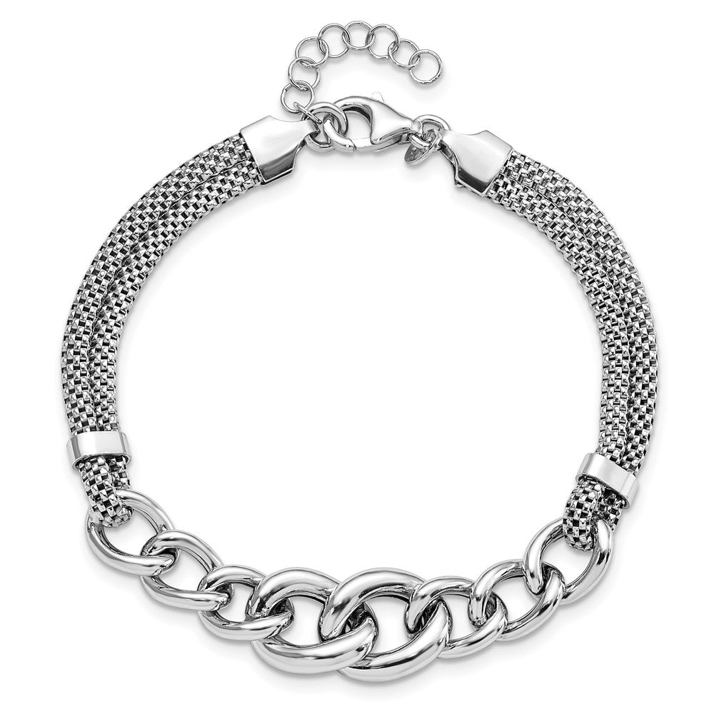 7 Inch Sterling Silver Rhodium-Plated Fancy Chain W/1In Ext. 2-Strand Bracelet