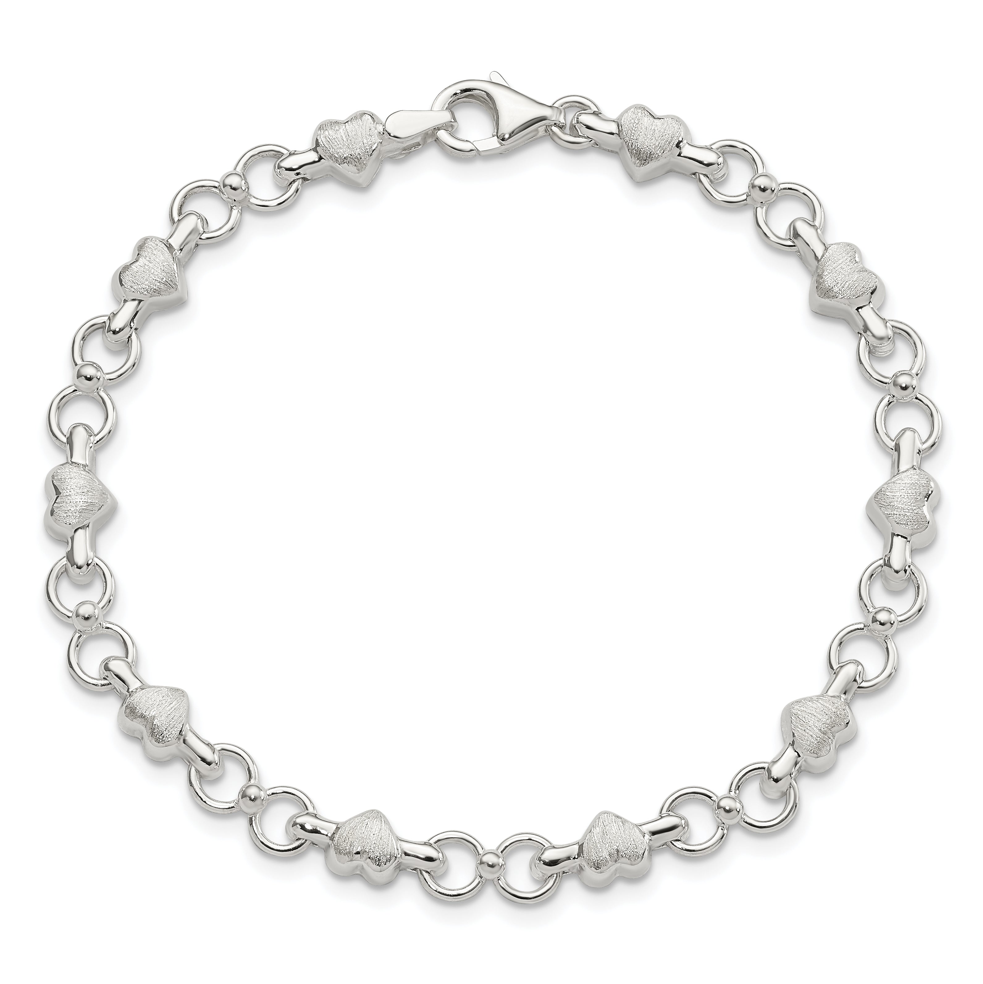 7.5 Inch Sterling Silver Satin & Polished Heart Chain Bracelet