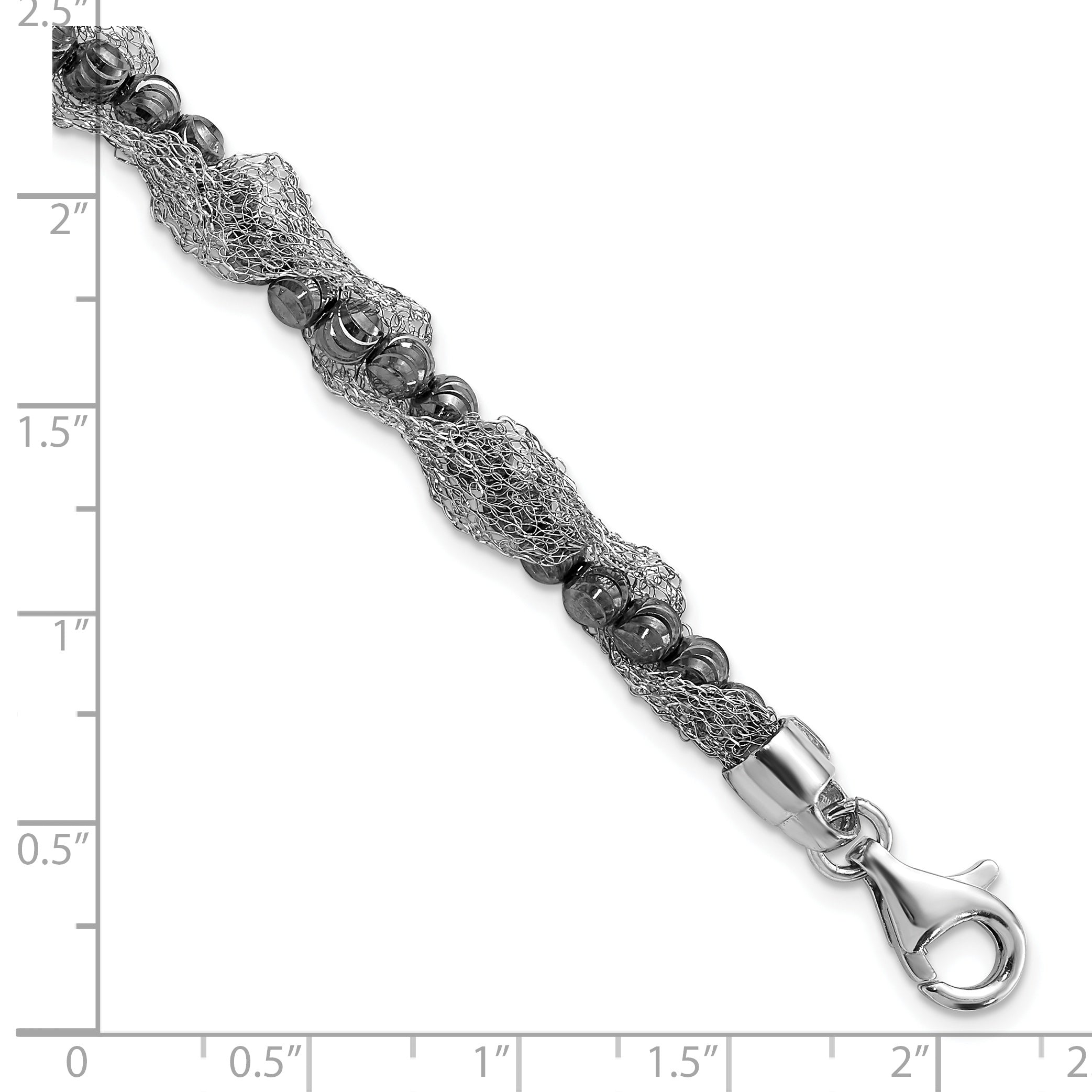 7.25 Inch Sterling Silver Ruthenium-Plated Fancy D/C Beaded & Mesh Bracelet