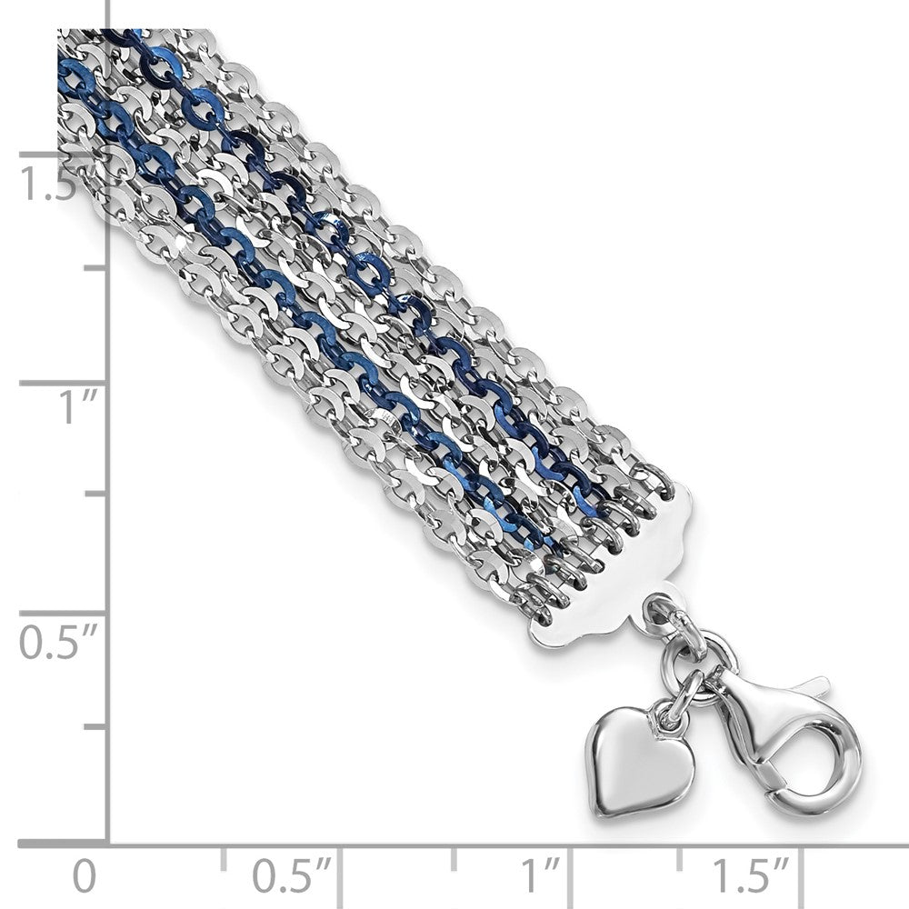 7.5 Inch Sterling Silver Rhodium & Blue-Plated Multi-Strand Chain Bracelet