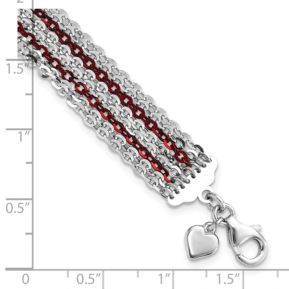 7.5 Inch Sterling Silver Rhodium & Red-Plated Multi-Strand Chain Bracelet