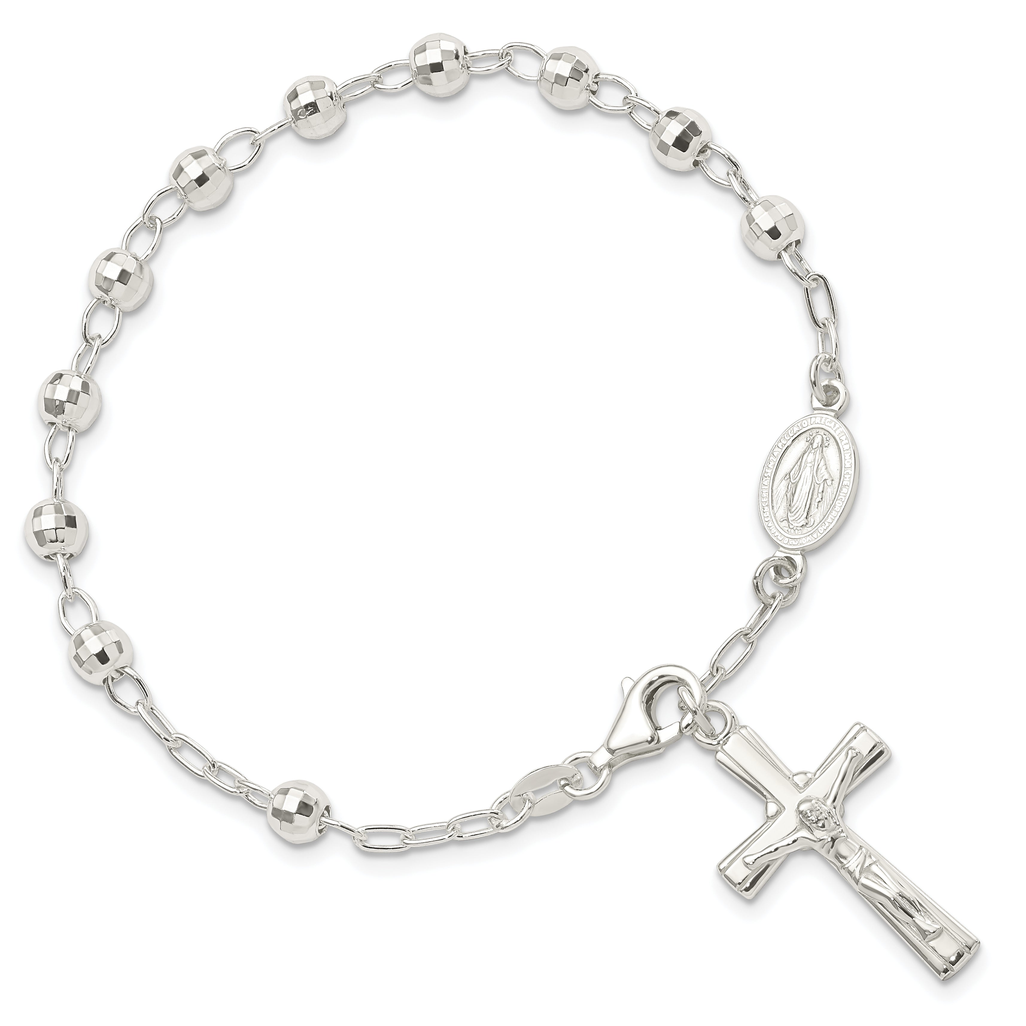 Sterling Silver Polished Beaded Rosary 7.5 Inch Bracelet