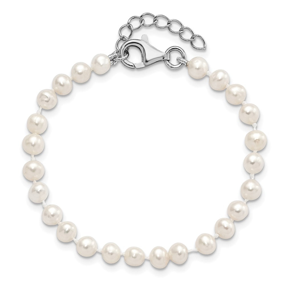 14.00 Inch Sterling Silver Rhodium-Plated Polished 4-5mm Semi-Round Freshwater Cultured Pearl 14In Necklace W/ 1In Ext., 5In Bracelet & Earring Set