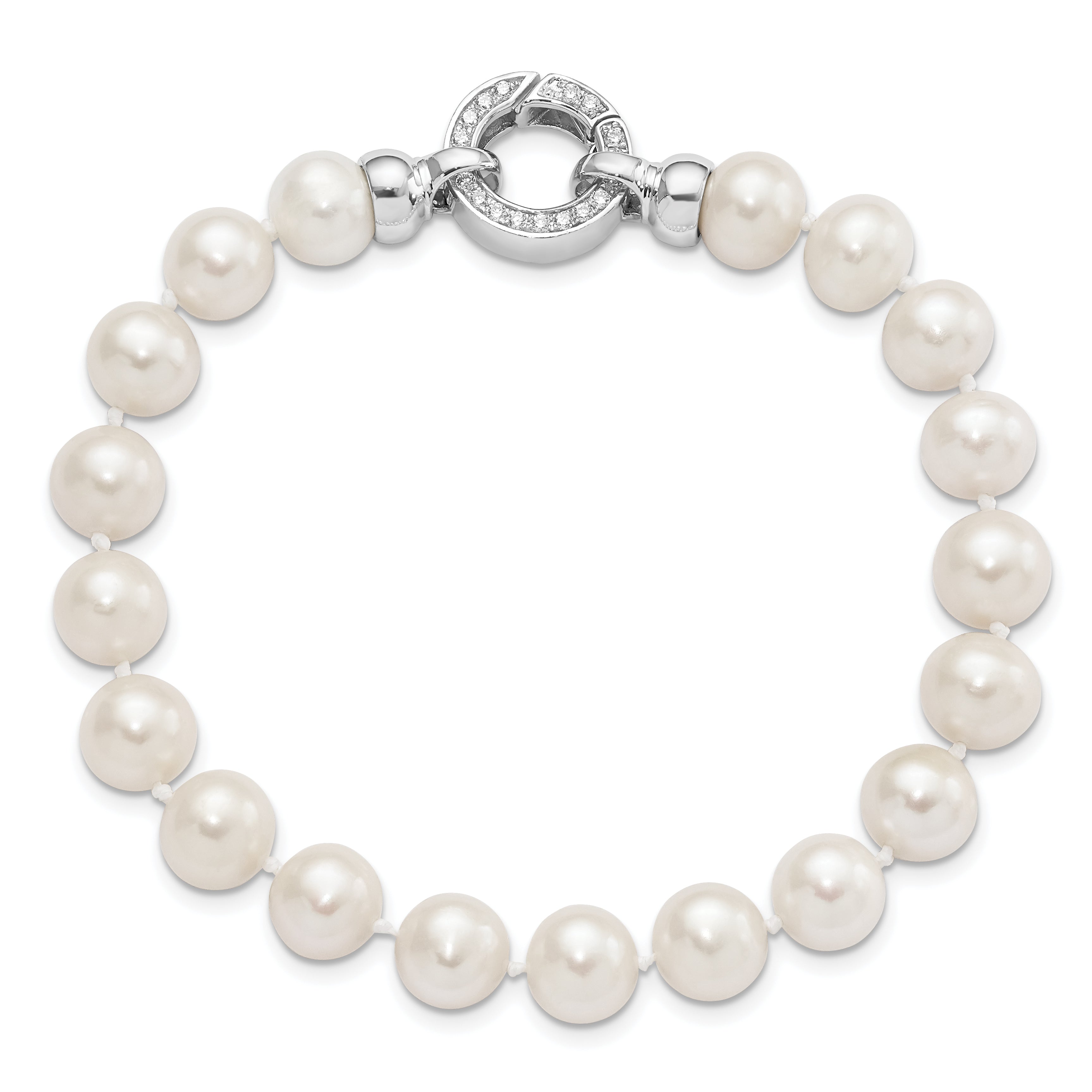 7.5 Inch Sterling Silver Rhodium-Plated 9-10mm White Fwc Pearl Cz Fancy Bracelet
