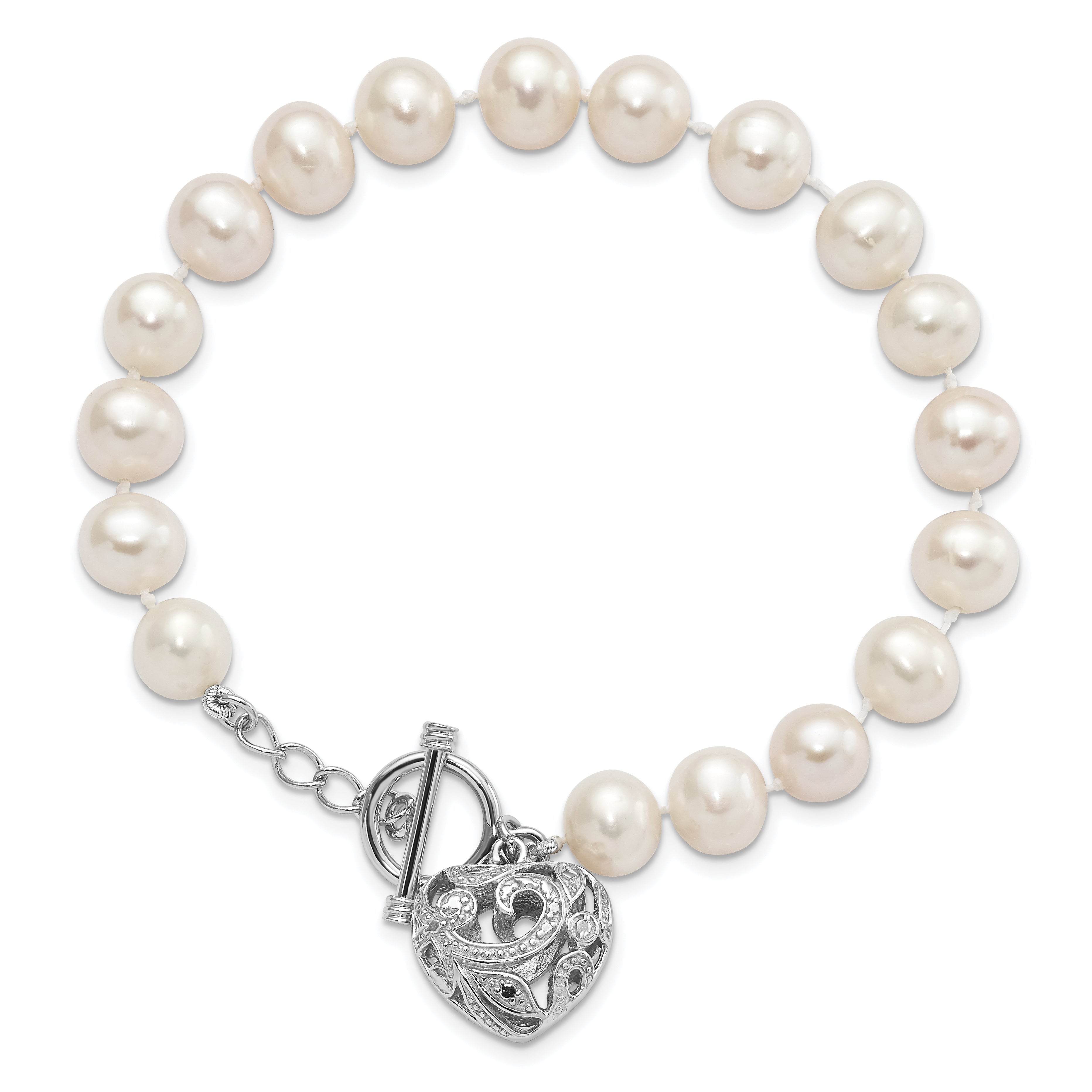 7.5 Inch Sterling Silver Rhodium-Plt 8-9mm White Fwc Pearl Heart Toggle Bracelet