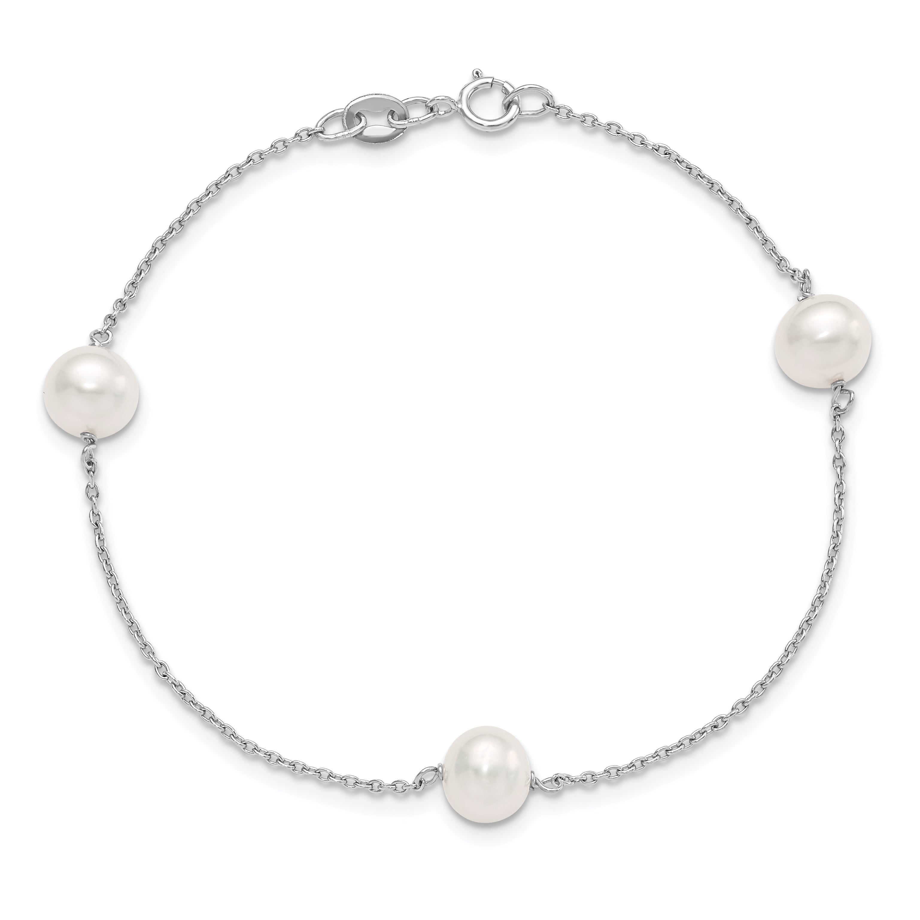 7.5 Inch Sterling Silver Rh-Plated 3-Stat 7-8mm White Semi-Round Fwc Pearl Bracelet