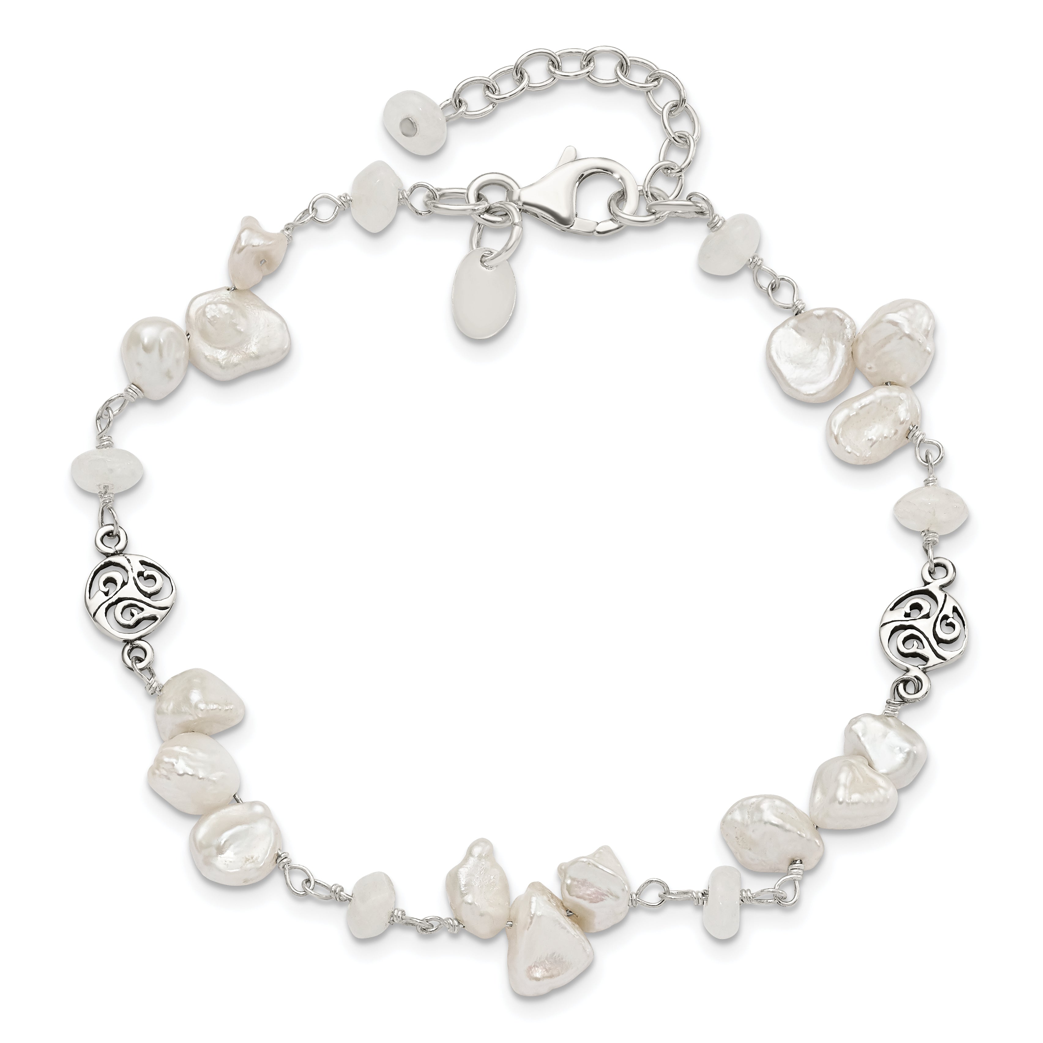 7.5 Inch Sterling Silver Fwc Keshi Pearl W/Moonstone 1In Ext. Fancy Bracelet