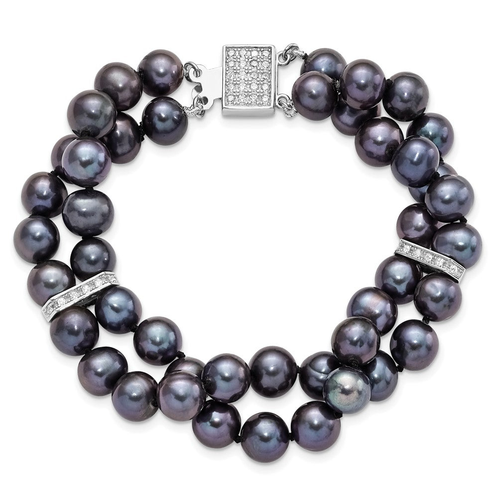 7.5 Inch Sterling Silver Rh 7-8mm Black Fwc Pearl Cz 2-Strand Bracelet
