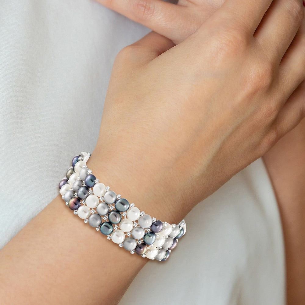 Fashion 6-7mm White/Grey/Black Button Freshwater Cultured Pearl And Glass Beaded 3-Row Stretch Bracelet