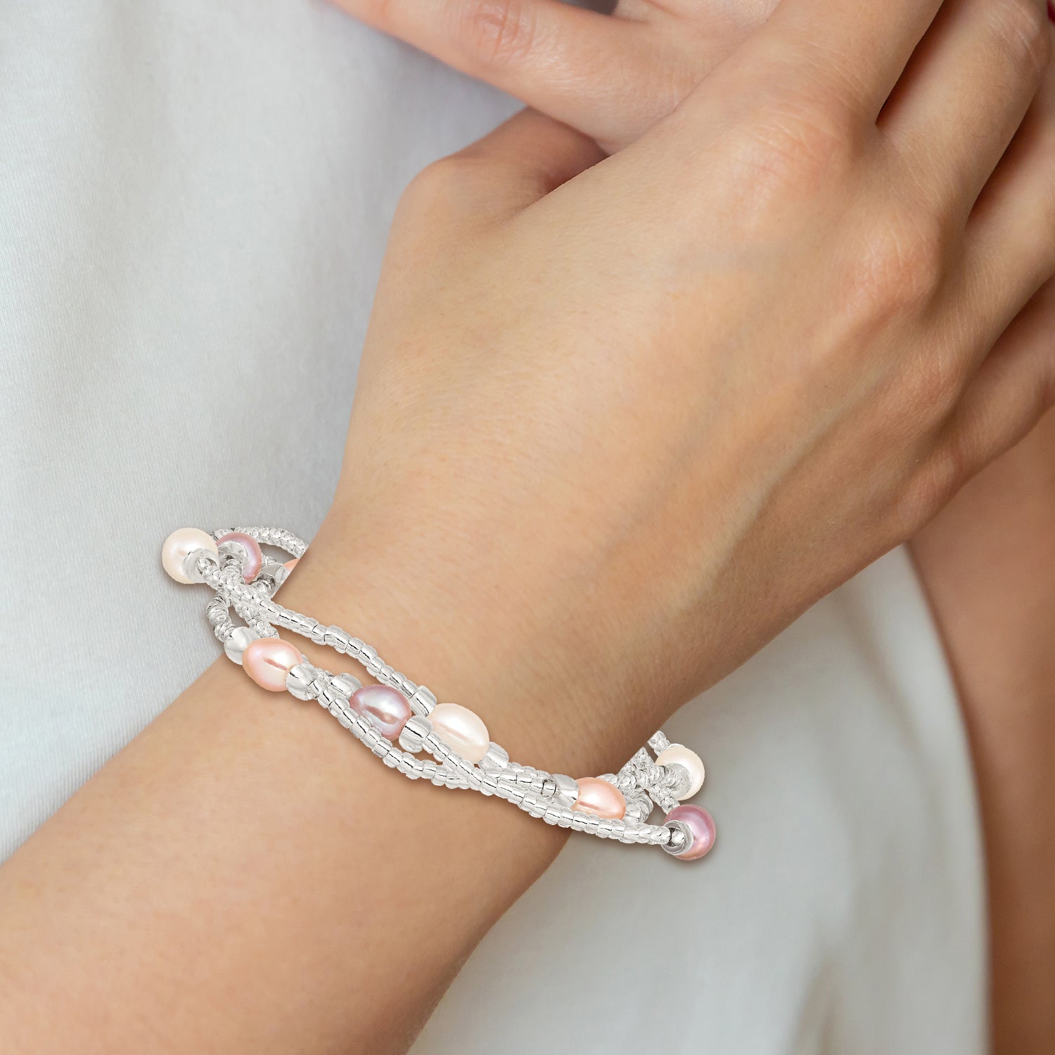 Fashion 6-8mm White/Pink/Purple Rice Freshwater Cultured Pearl And Glass Bead Stretch 3-Bracelet Set