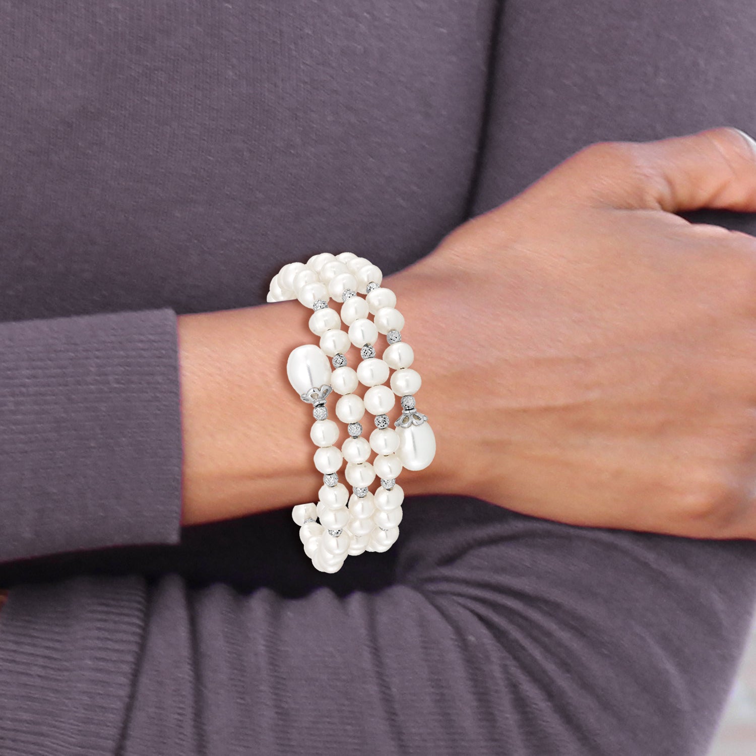 Sterling Silver Rh-Pl D/C 6-11mm White Fwc Pearl Wrap Bracelet