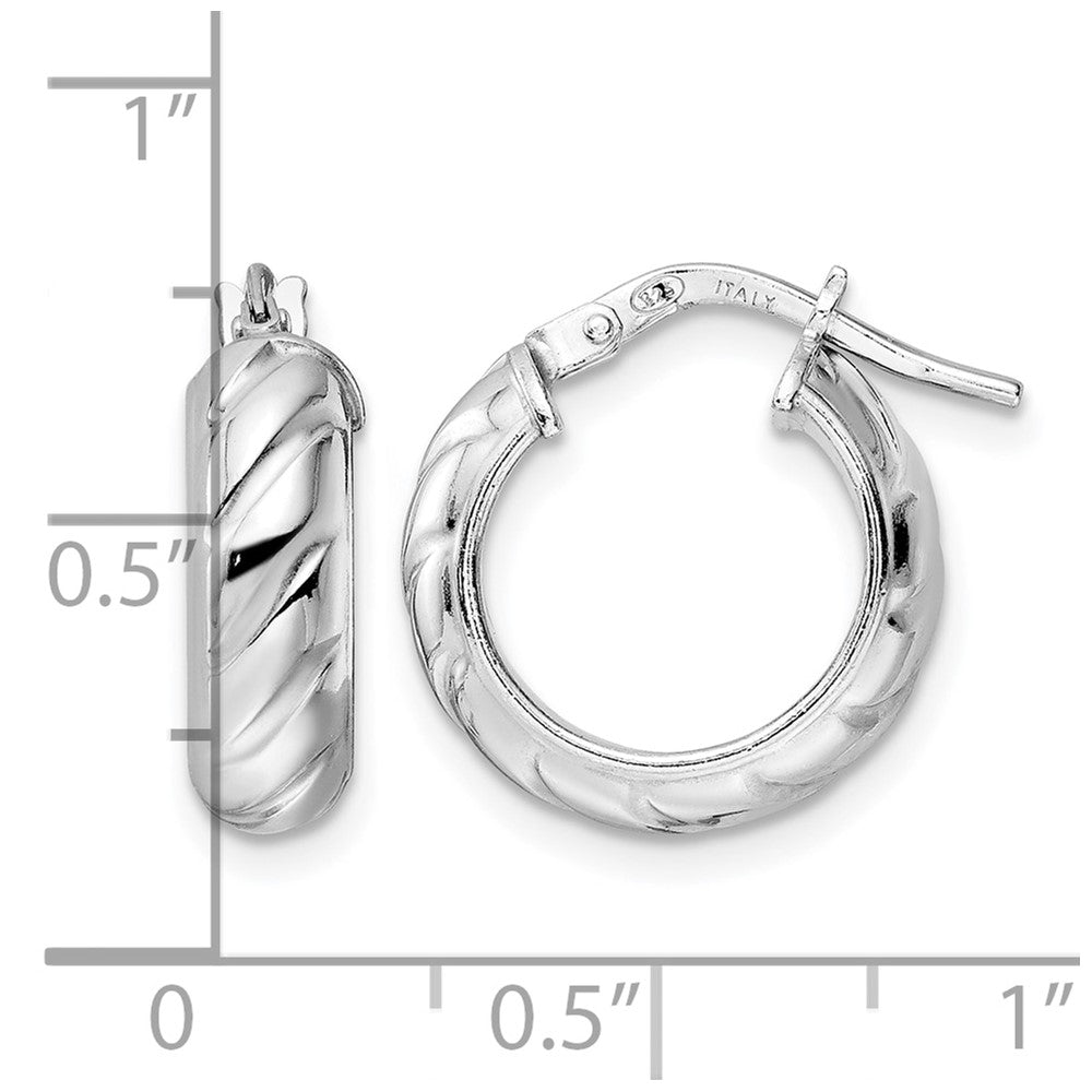 Sterling Silver Rhod Plated Polished Textured Hoop Earrings