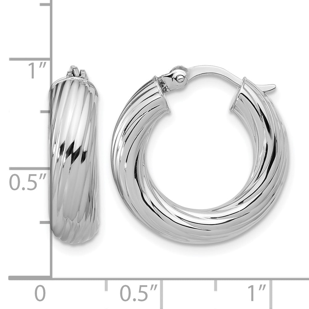 Sterling Silver Rh Plat Polish/Grooved Round Hoop Earrings