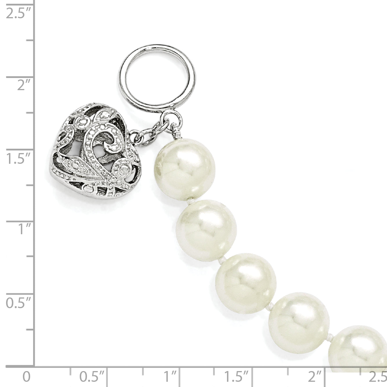 8 Inch Majestik Sterling Silver Rhodium-Plated 10-11mm White Imitation Shell Pearl With Heart Hand-Knotted Bracelet
