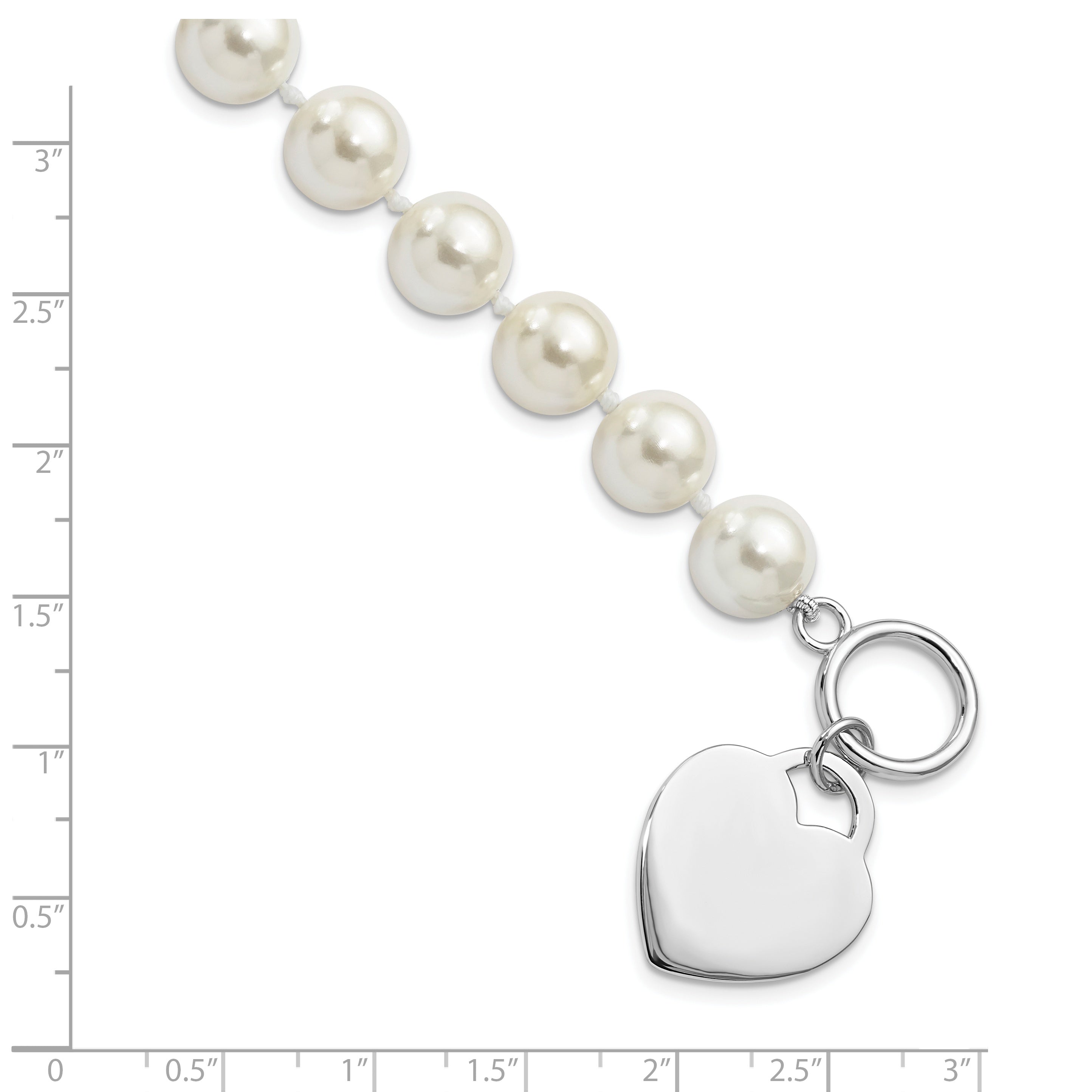 8 Inch Majestik Sterling Silver Rhodium-Plated 10-11mm White Imitation Shell Pearl Engravable Heart Hand-Knotted Bracelet