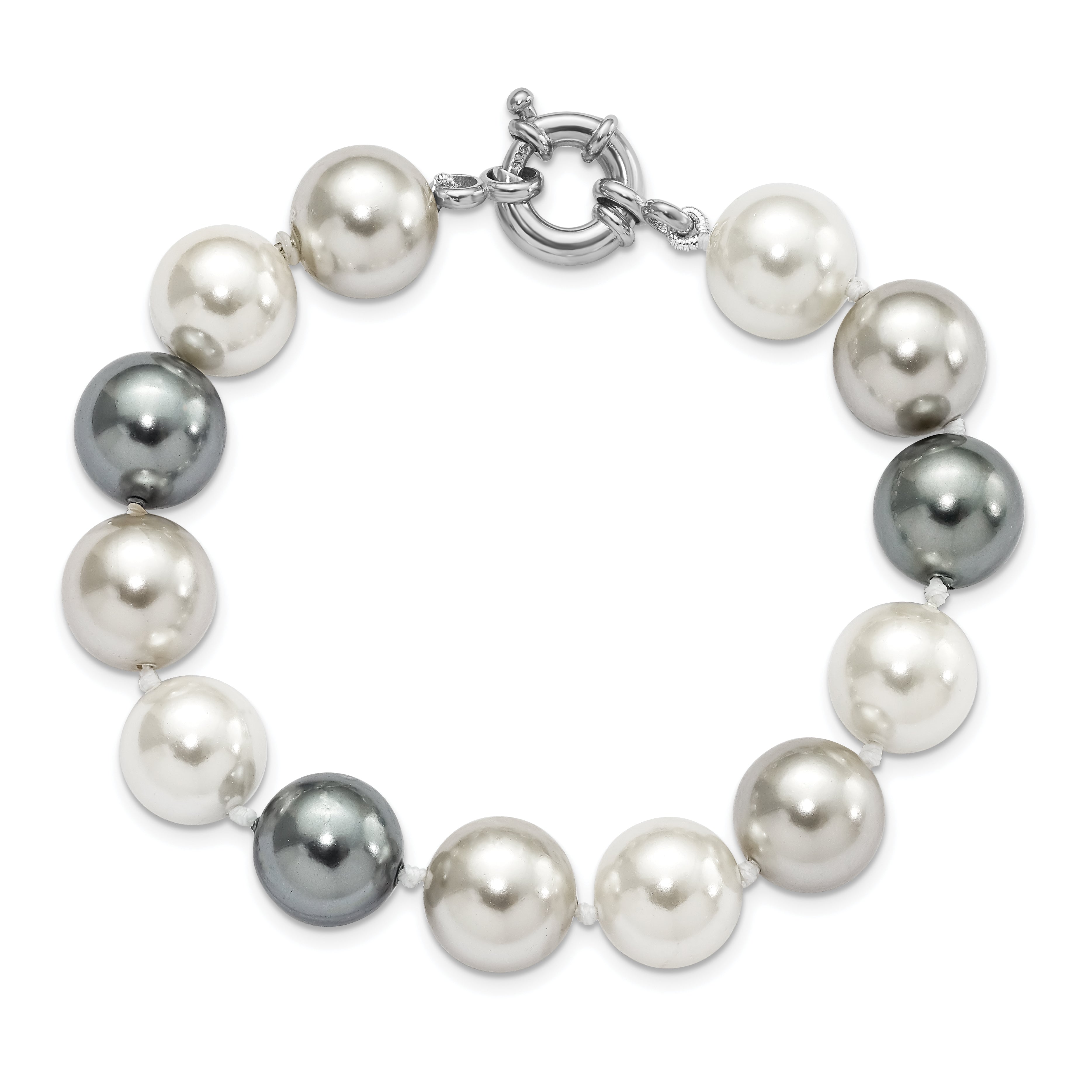 7.5 Inch Majestik Sterling Silver Rhodium-Plated 12-13mm Multi-Color Imitation Shell Pearl Hand-Knotted Bracelet