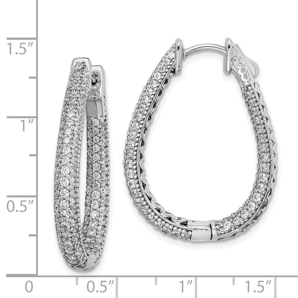 Sterling Silver Shimmer Rhodium-Plated 242 Stone Pav 1.2mm-1.5mm Cz In And Out Teardrop Hinged Hoop Earrings