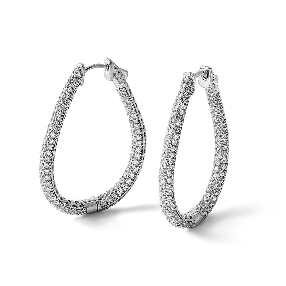 Sterling Silver Shimmer Rhodium-Plated 308 Stone Pav 1.2mm-1.5mm Cz In And Out Teardrop Hinged Hoop Earrings