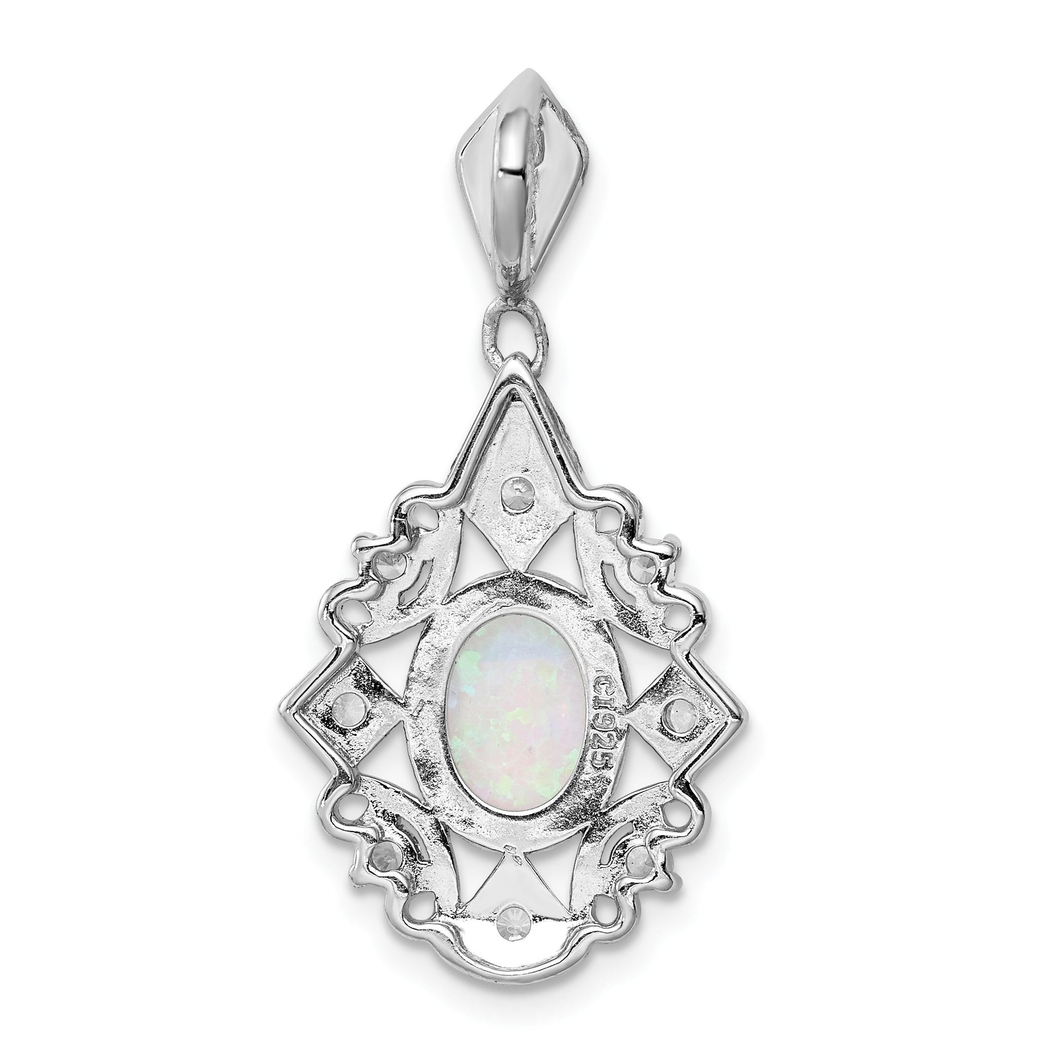 Sterling Silver Rhodium-Plated Created Opal And Cz Pendant