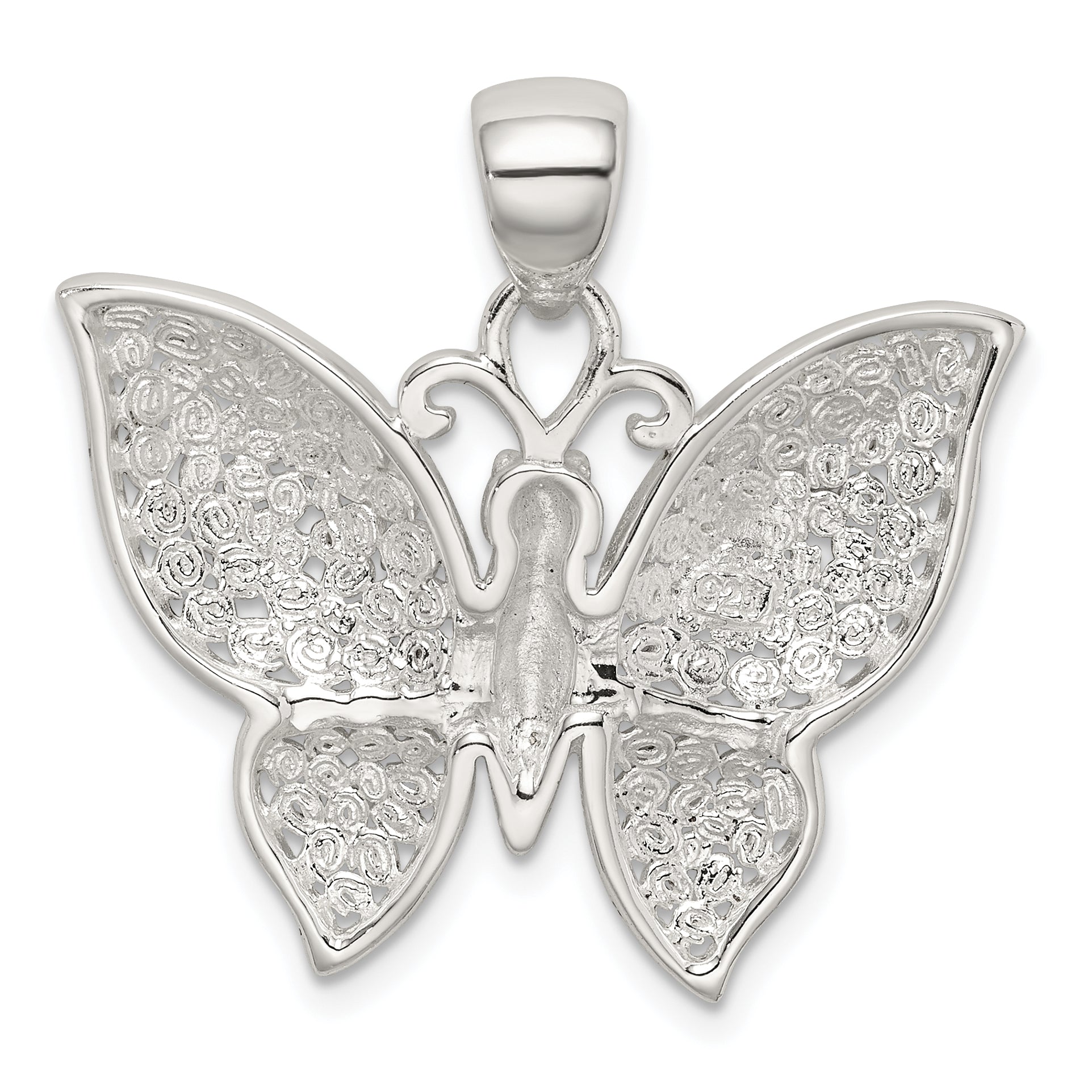 Sterling Silver Rhodium-Plated Polished/Textured Butterfly Pendant
