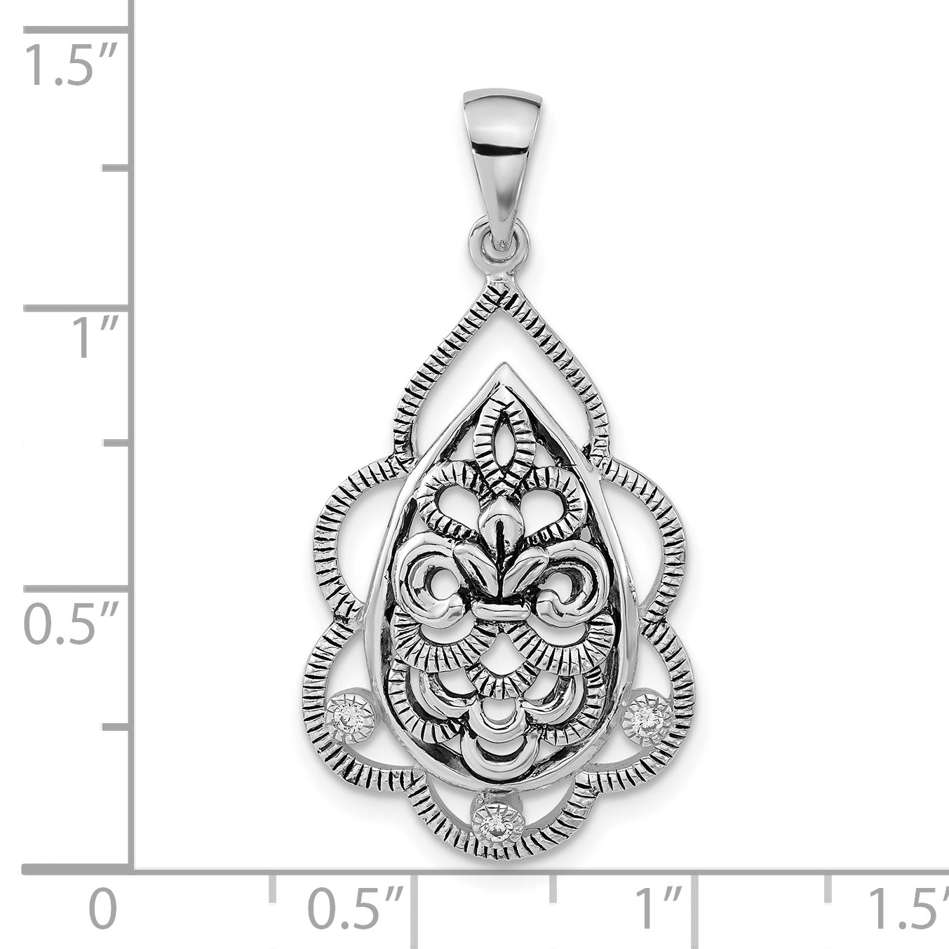 Sterling Silver Polished & Antiqued Cz Fleur De Lis Teardrop Pendant
