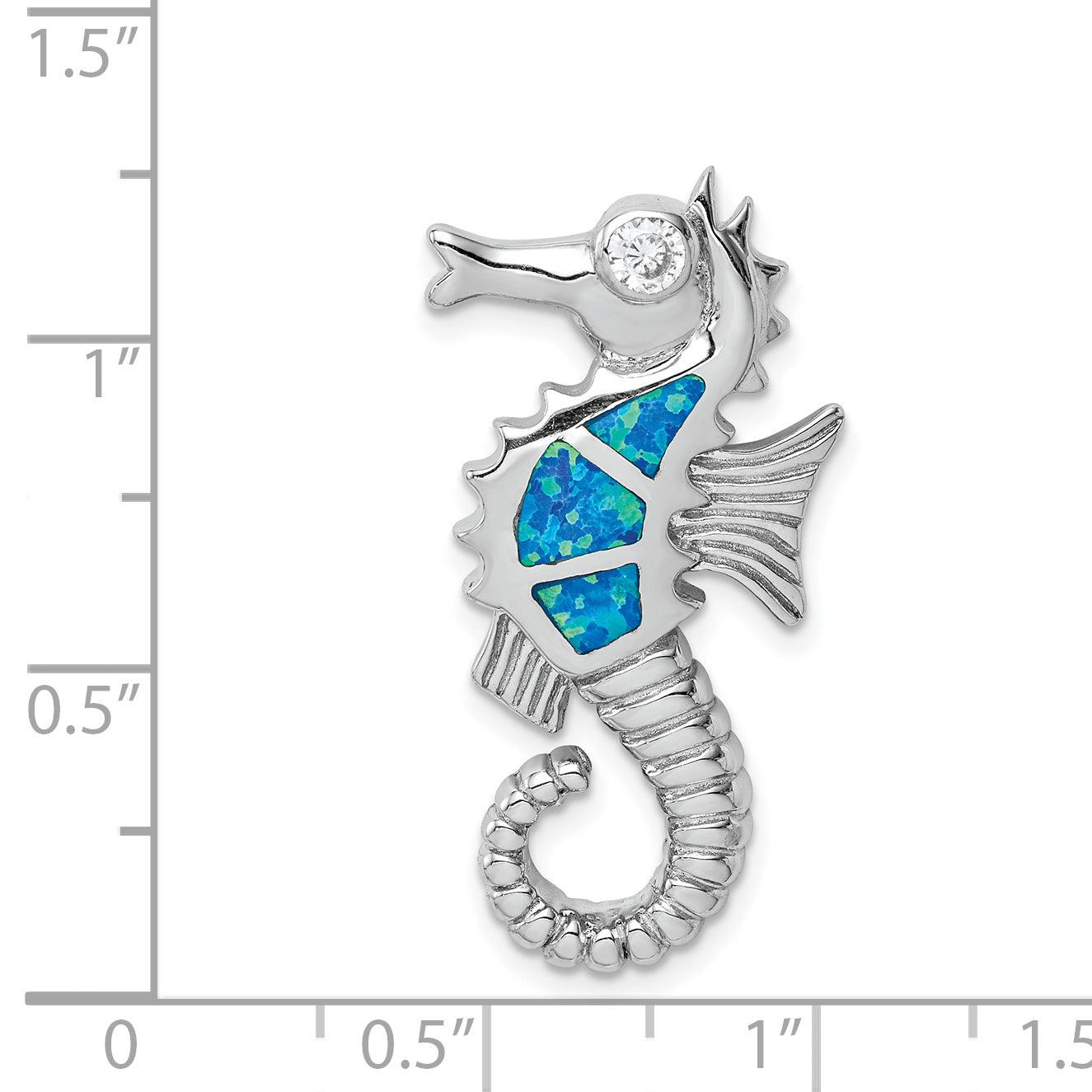 Sterling Silver Rhodium-Plated Polished Created Opal And Cz Seahorse Chain Slide