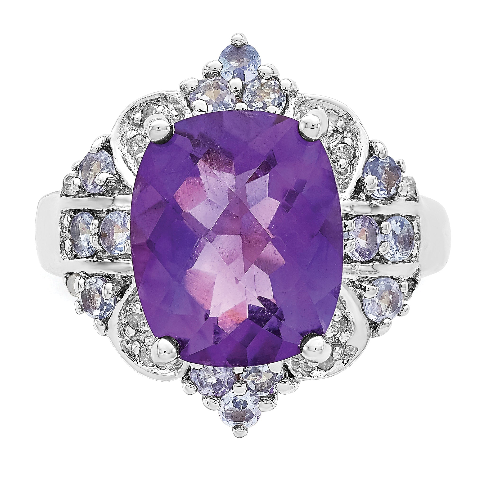 Sterling Silver Rhodium Plated Amethyst, Tanzanite & Diamond Ring (Size 5 Only)