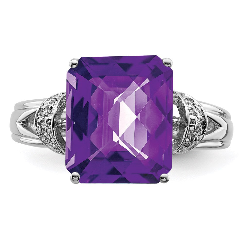 Sterling Silver Rhodium Octagonal Checker Cut Amethyst & Diamond Ring